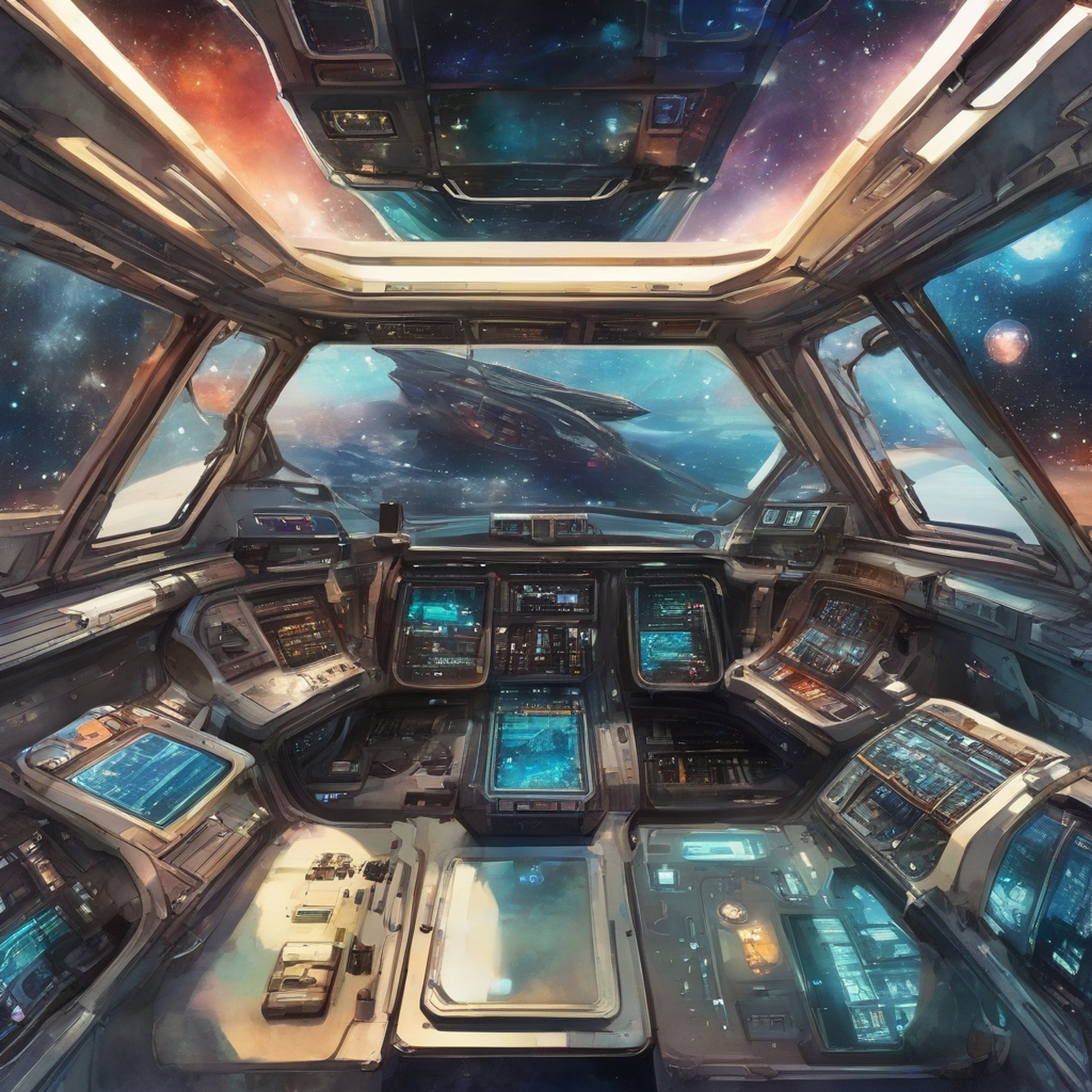 Interior of a futuristic spaceship cockpit with advanced control panels, holographic displays, and a large viewport showing a starry space background