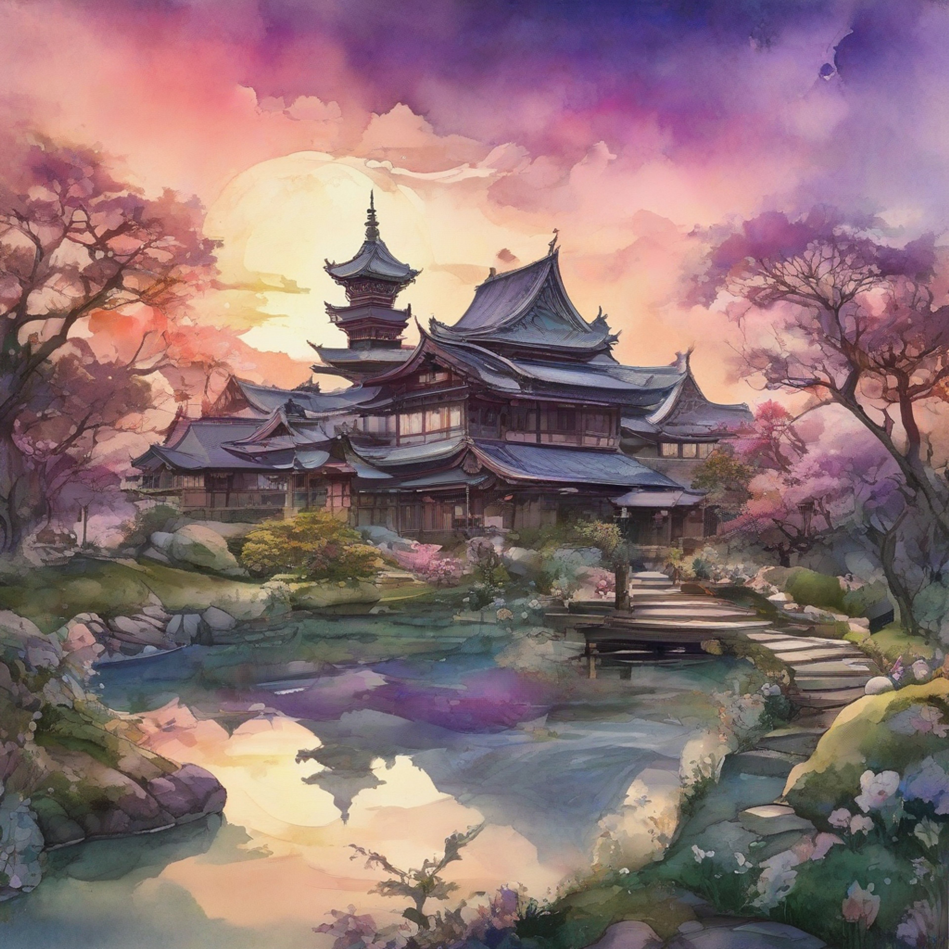 A surreal blend of medieval European architecture and traditional Japanese garden elements, with a swirling purple and silver sky overhead