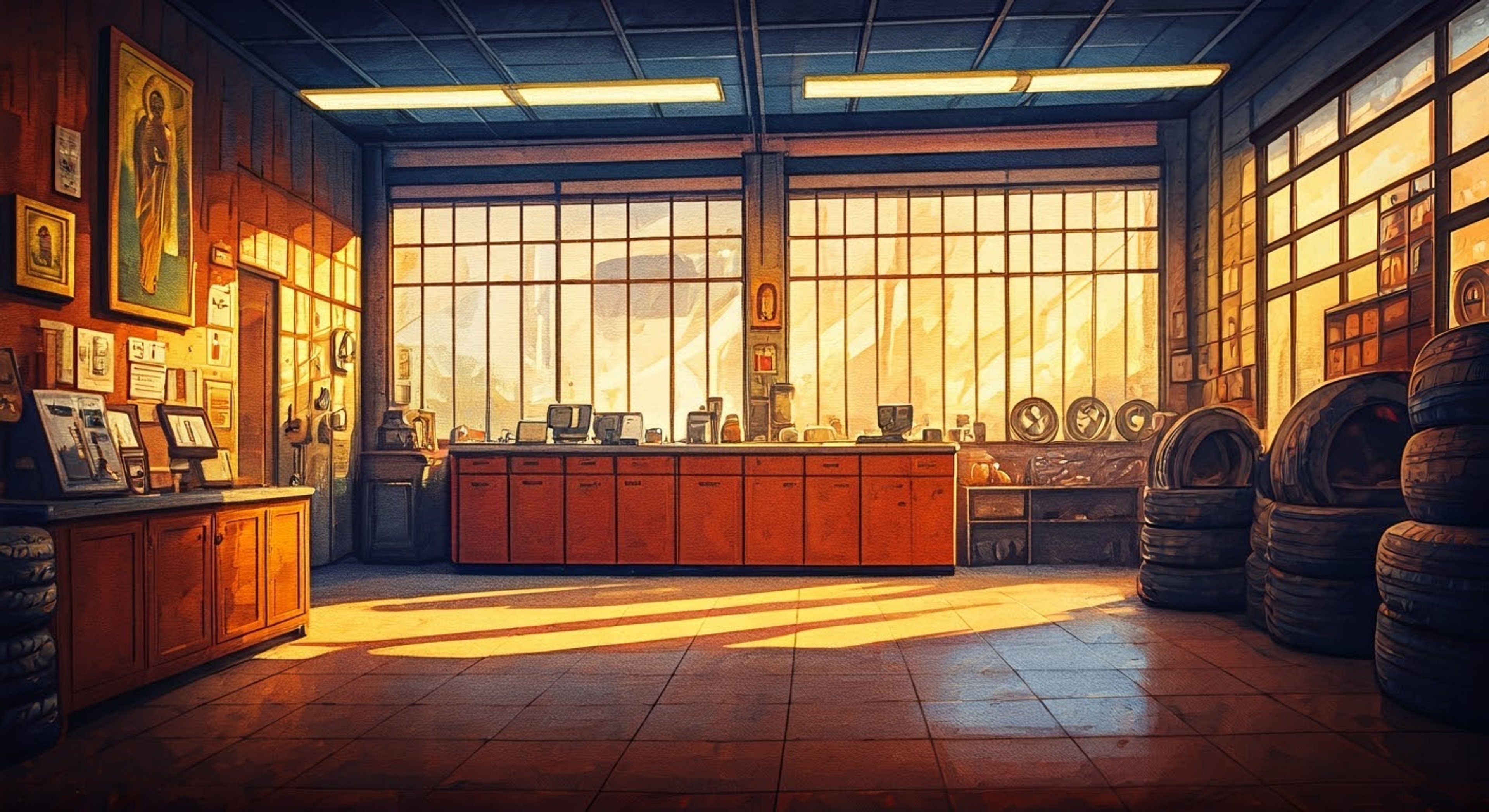 You find yourself spending a day at McAllister Tires, where the formidable owner combines business lessons with life lectures. The air is thick with the smell of rubber and the weight of traditional values as you navigate this unique mentorship opportunity. Every task comes with commentary on proper conduct and religious responsibility, creating an atmosphere that's both instructive and intense.