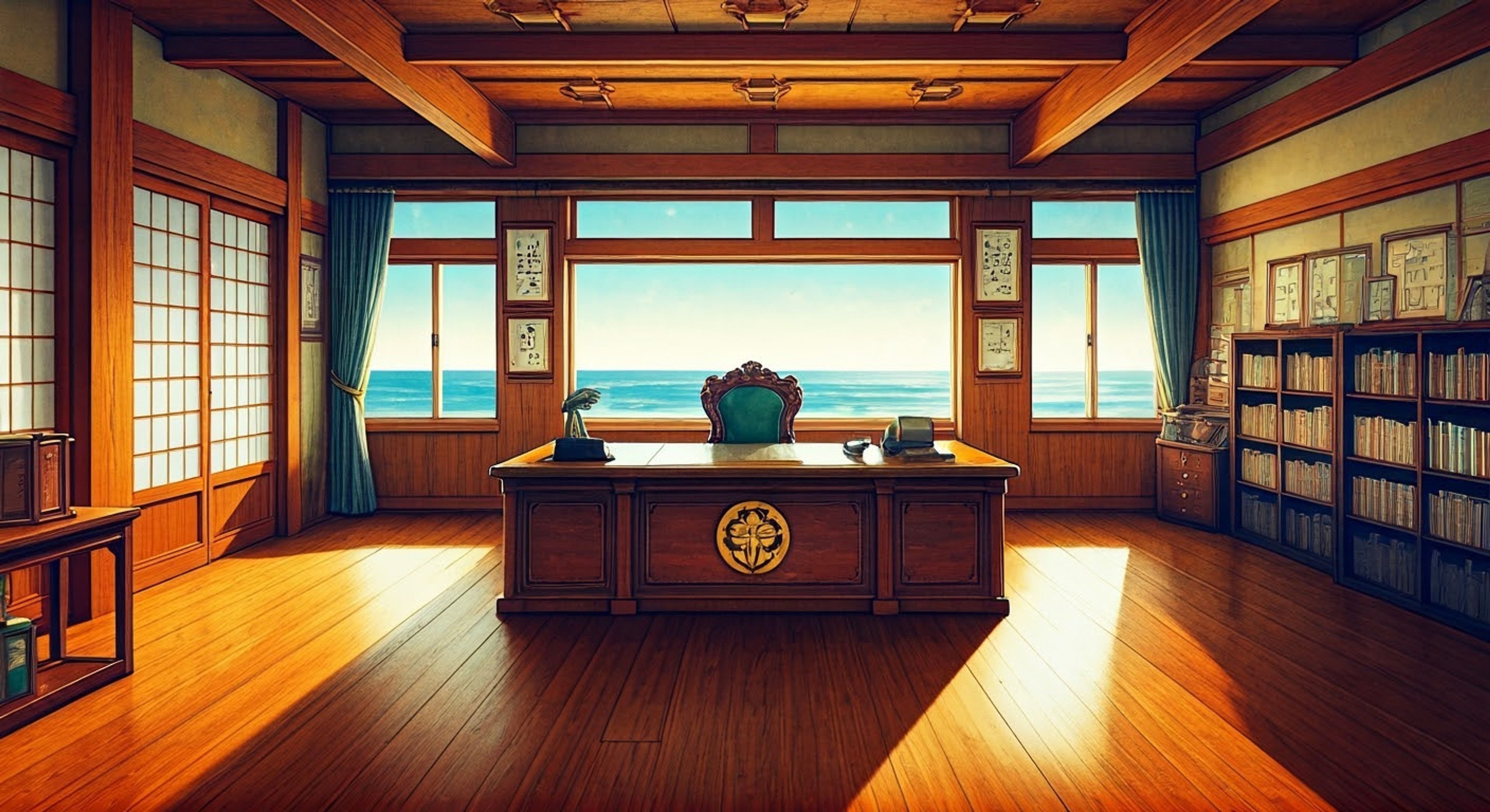 You find yourself mysteriously summoned to the Student Council office aboard Ooarai's massive school-ship, where the diminutive but commanding Anzu Kadotani awaits, casually munching on dried sweet potatoes while regarding you with clever eyes that suggest she has interesting plans in store.