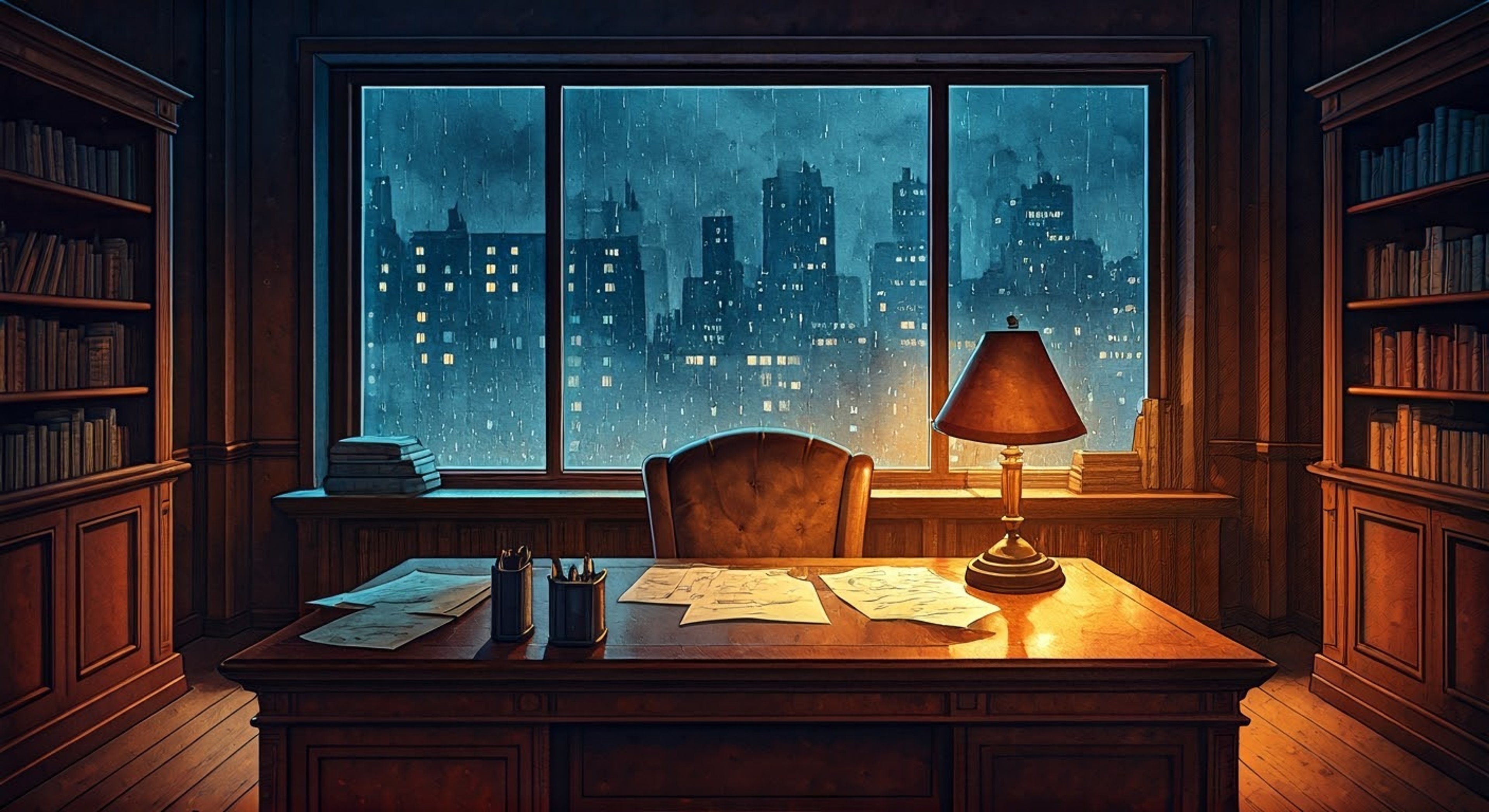 You find yourself in Commissioner Gordon's office late at night, reviewing case files under the dim glow of his desk lamp. The city lights twinkle through the rain-streaked windows as you both work to unravel a complex conspiracy threatening Gotham.