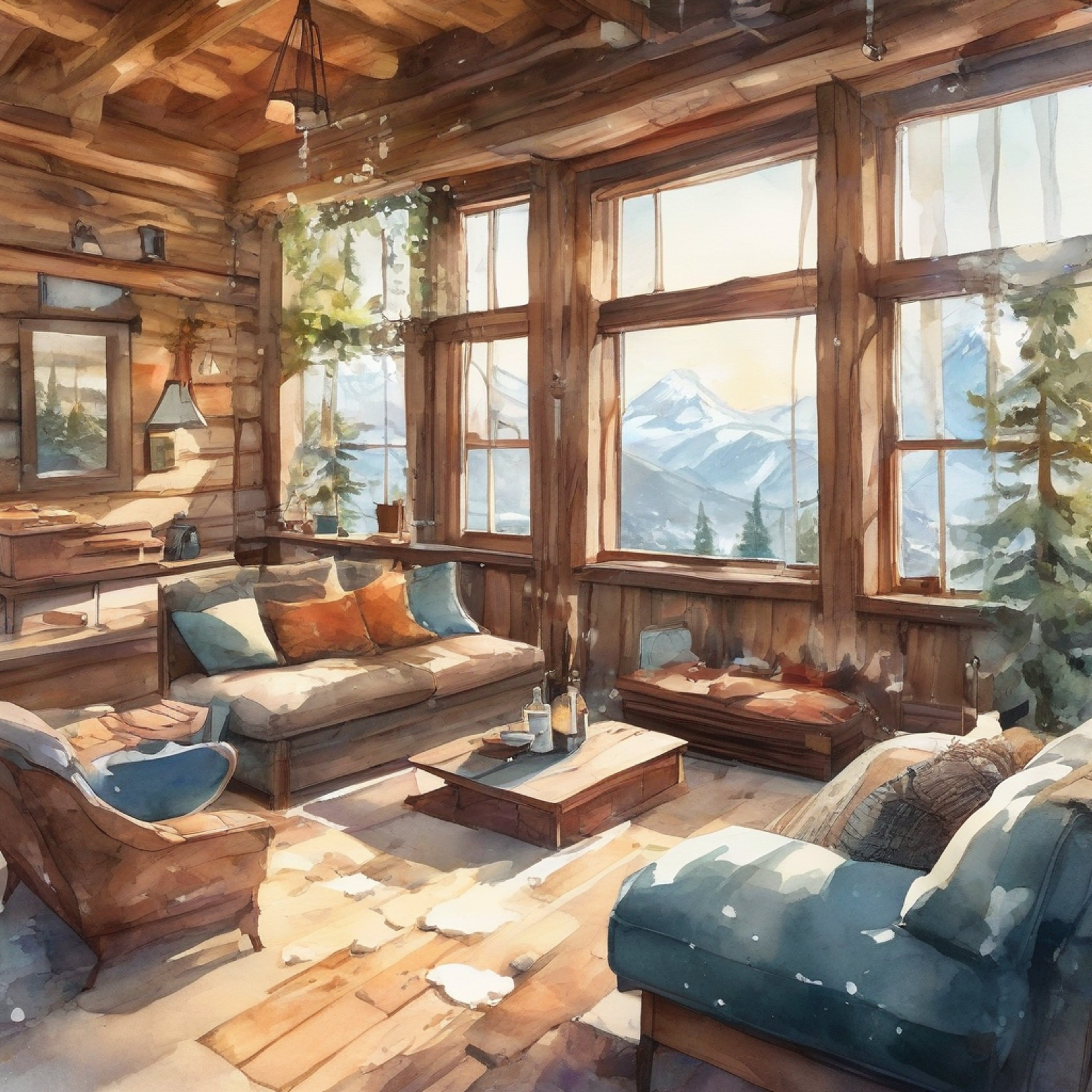 A cozy winter retreat in a secluded cabin with Chie, enjoying warm drinks and snacks while chatting and spending quality time together. The fire crackles as the snow falls outside.