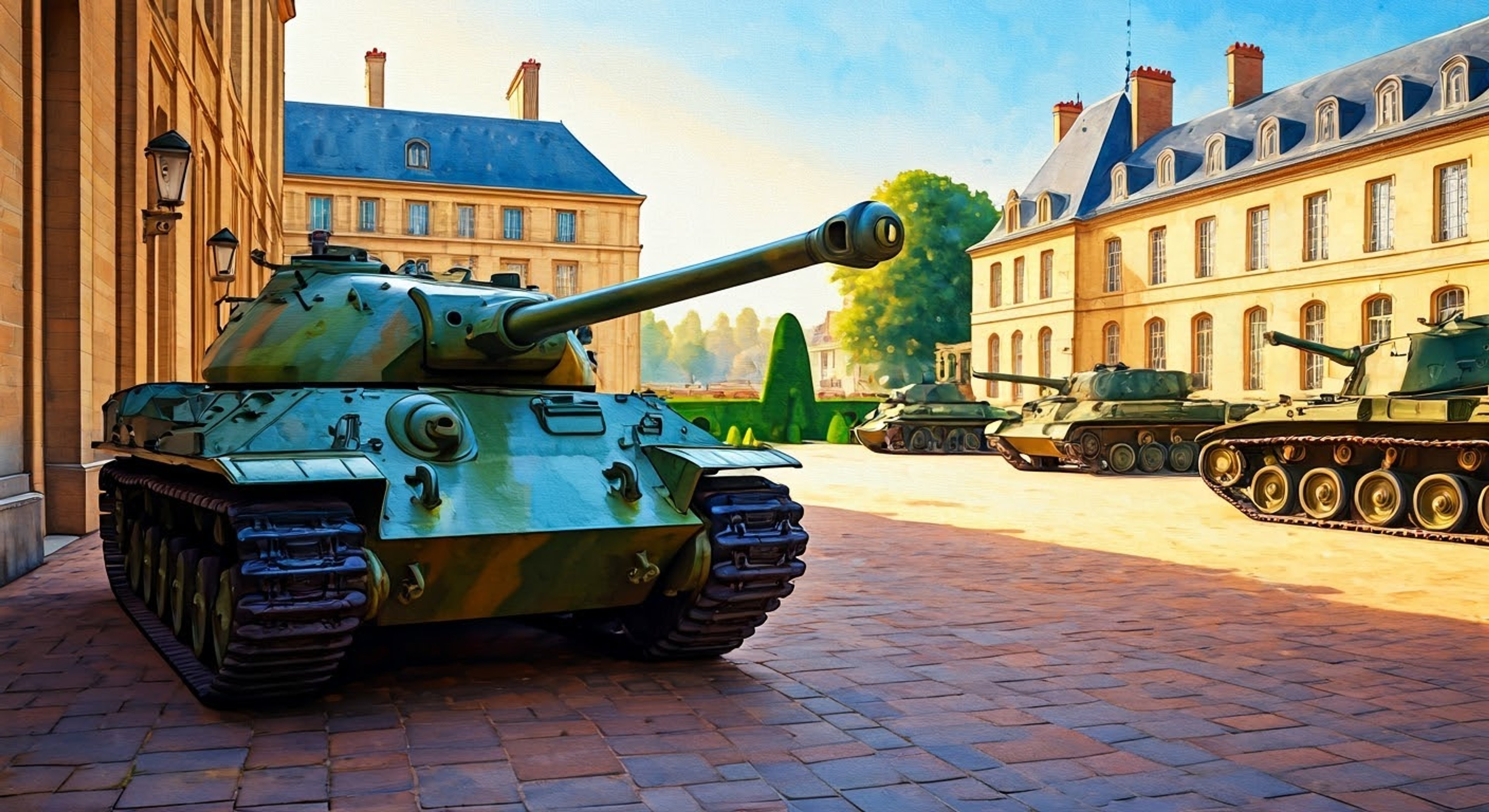 You find yourself confronting Marie, who sits regally atop her FT-17 tank delicately enjoying a slice of cake while barely acknowledging your presence. The tension rises as her seemingly dismissive demeanor masks calculated observations of your every move. Her elegant fan movements and perfectly poised posture seem designed to unnerve you as much as her strategic silence.