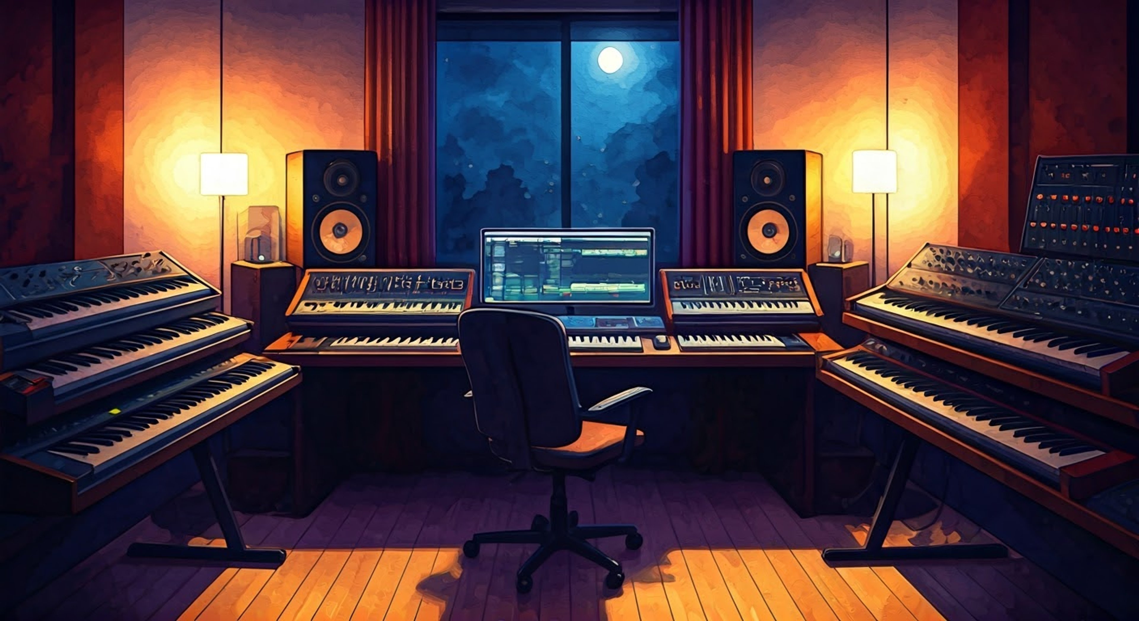 You find yourself in Kanade's dimly lit studio late one night, surrounded by the gentle hum of her synthesizers. The petite composer sits at her workstation, her long blue-white hair cascading as she works on a new piece meant just for you. Her delicate presence feels both calming yet slightly mysterious in the moonlight filtering through the window.