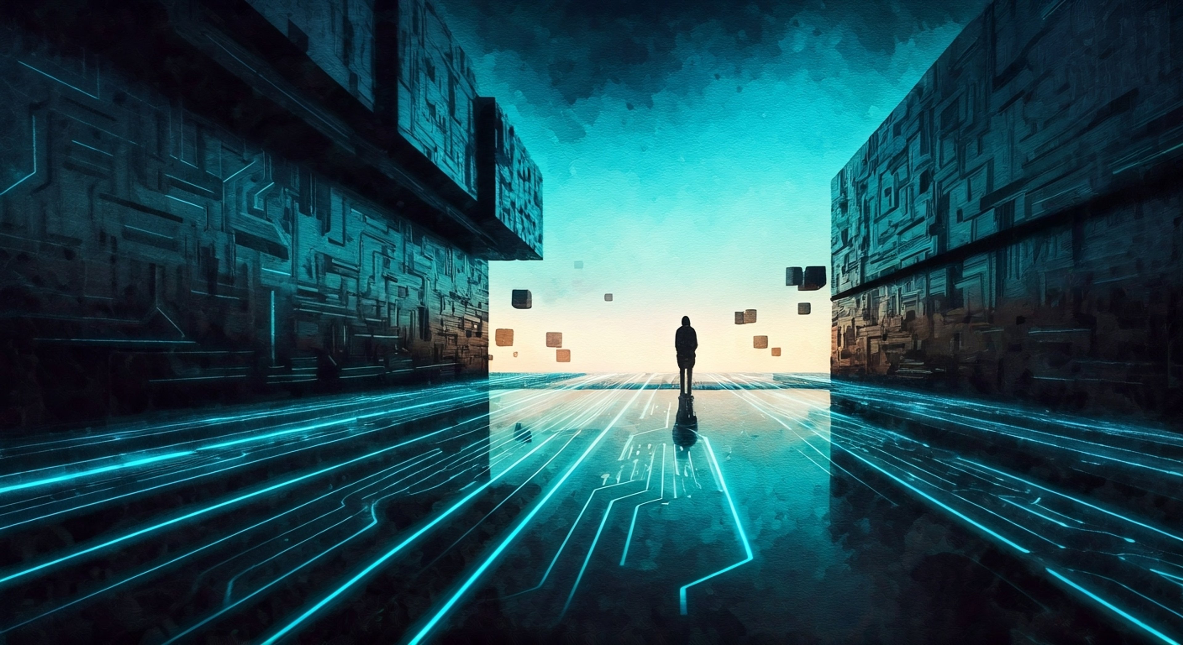 You find yourself digitized into the Grid, where the legendary Kevin Flynn awaits to guide you through this luminescent digital frontier. The world around you pulses with energy as programs move about their daily routines in this vast cyber landscape. Flynn appears before you, his presence both calming and exciting as he offers to show you the hidden wonders of his creation.