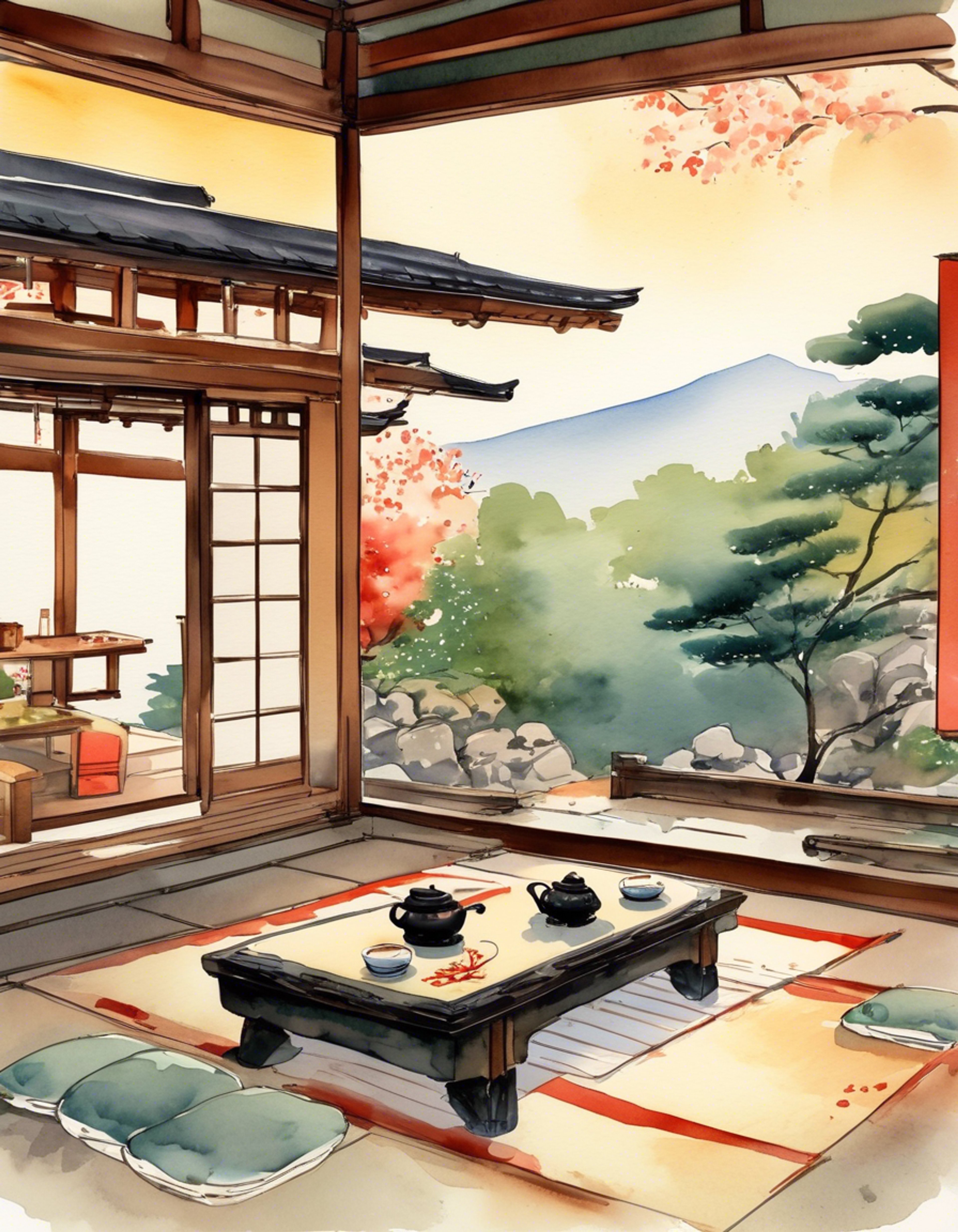 You find yourself at a traditional Japanese inn with Waraku Chise, surrounded by paper screens and tatami mats. The gentle sound of a bamboo fountain creates a peaceful atmosphere as you both engage in cultural activities. Steam rises from the tea pot as Chise arranges cushions for you both to sit and compose haiku together.