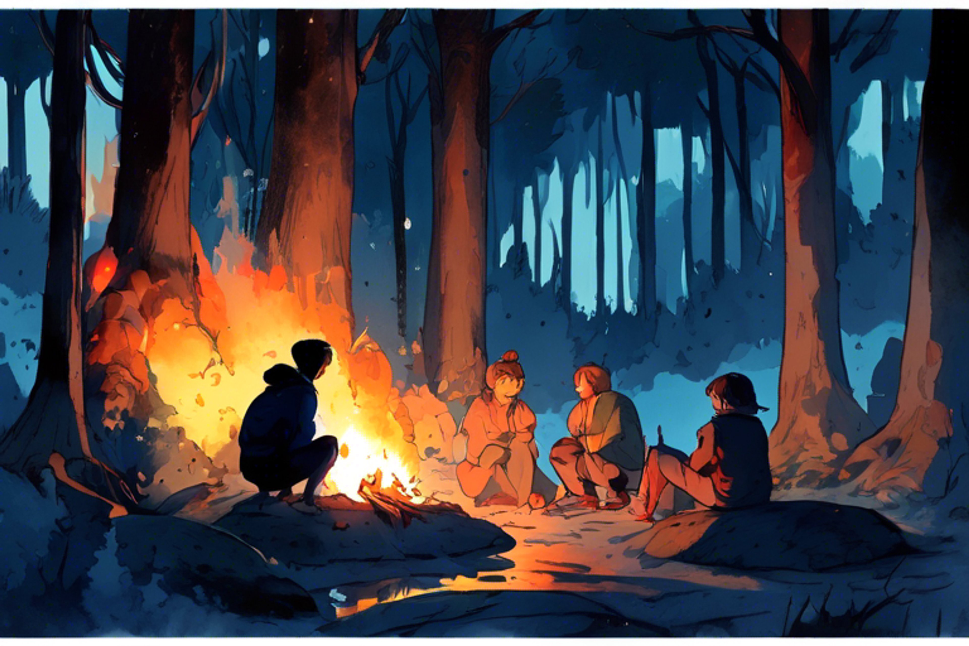 You and Ayaka sit by the warm campfire, gazing at the stars as you share what's on your mind.