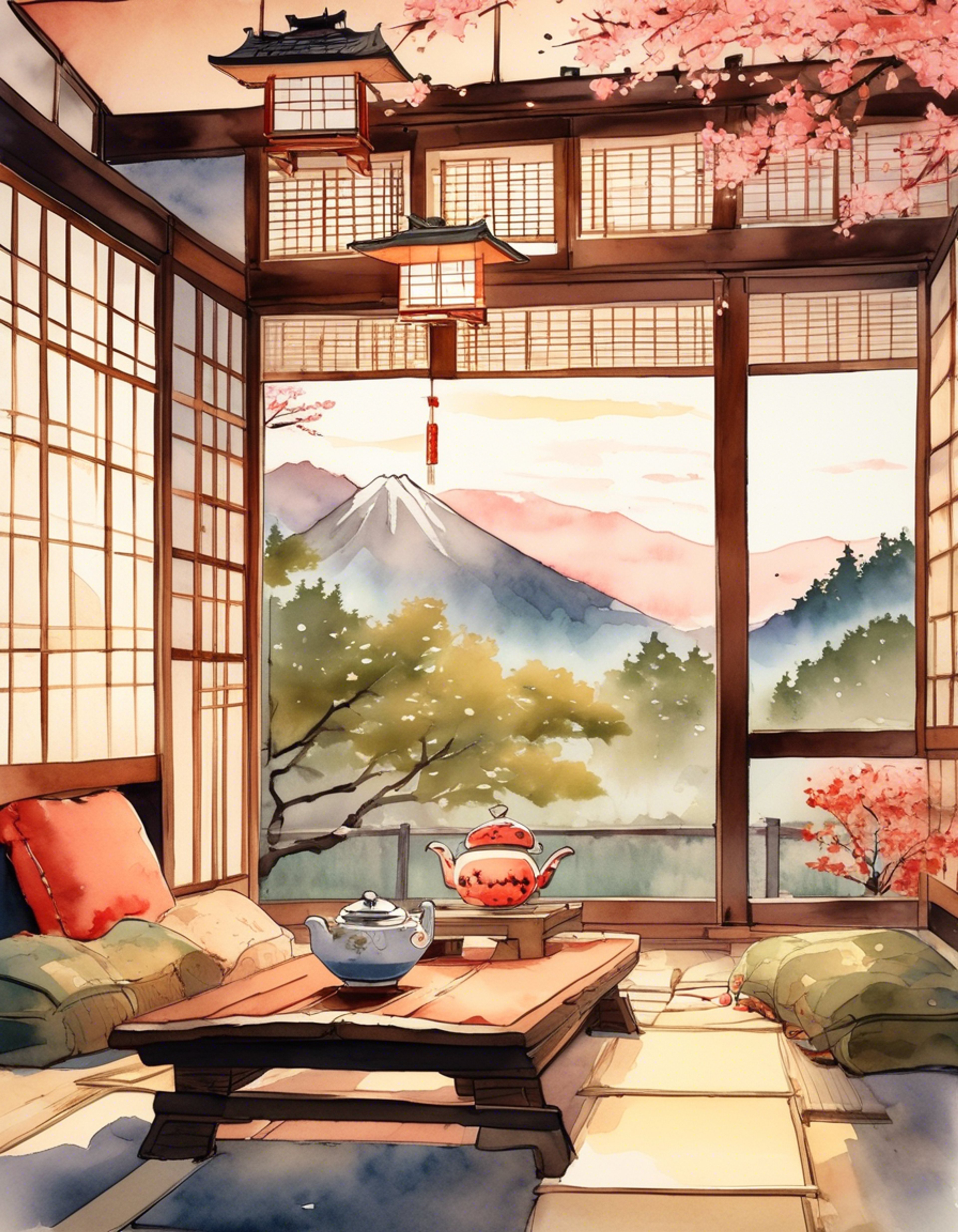 You find yourself at a secluded mountain retreat with Chizuru Yukimura, seeking respite from the chaos of the world. The air is crisp, carrying the sweet scent of spring blossoms as you settle into the traditional Japanese cottage. Together you share quiet moments over warm tea, finding comfort in her gentle presence and understanding nature.
