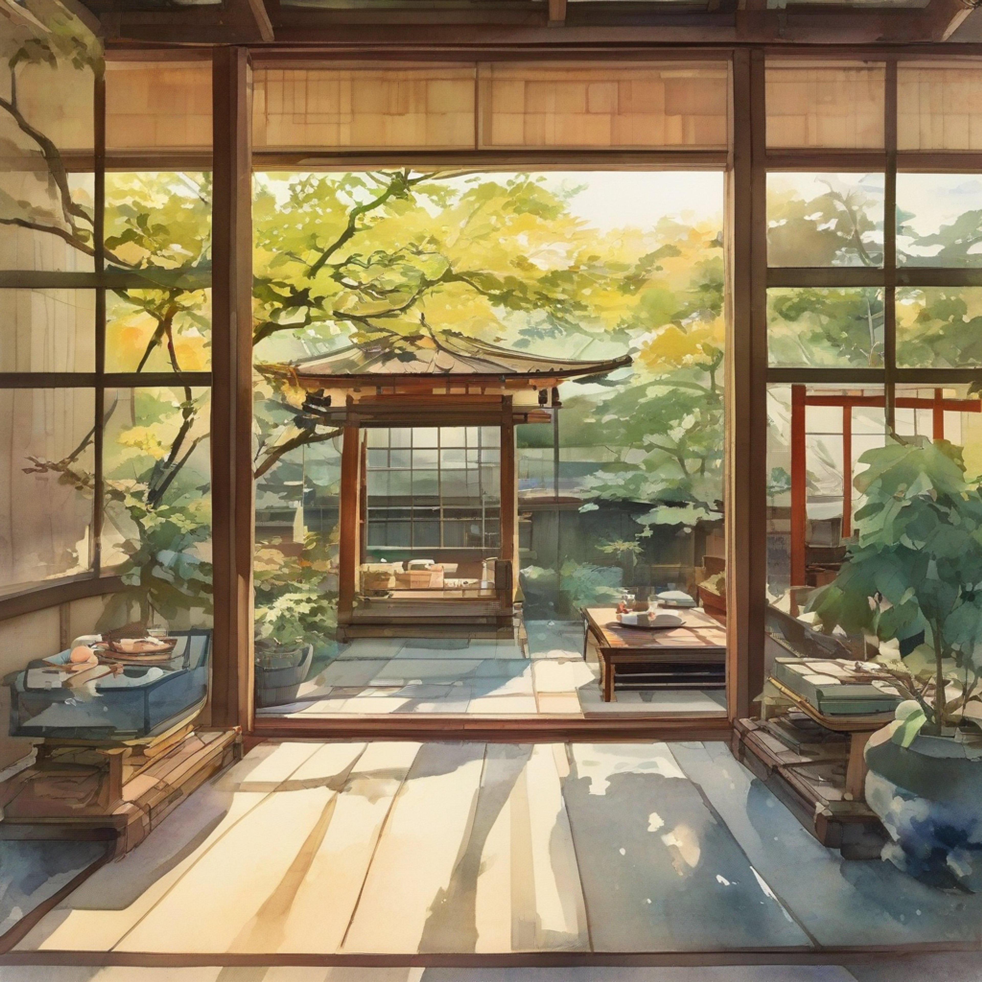 You find yourself in a traditional Japanese tea house with Ryōshū, where the austere beauty of the surroundings matches her aesthetic sensibilities. The space is carefully arranged with minimalist precision, featuring delicate paper screens and the soft glow of paper lanterns.
