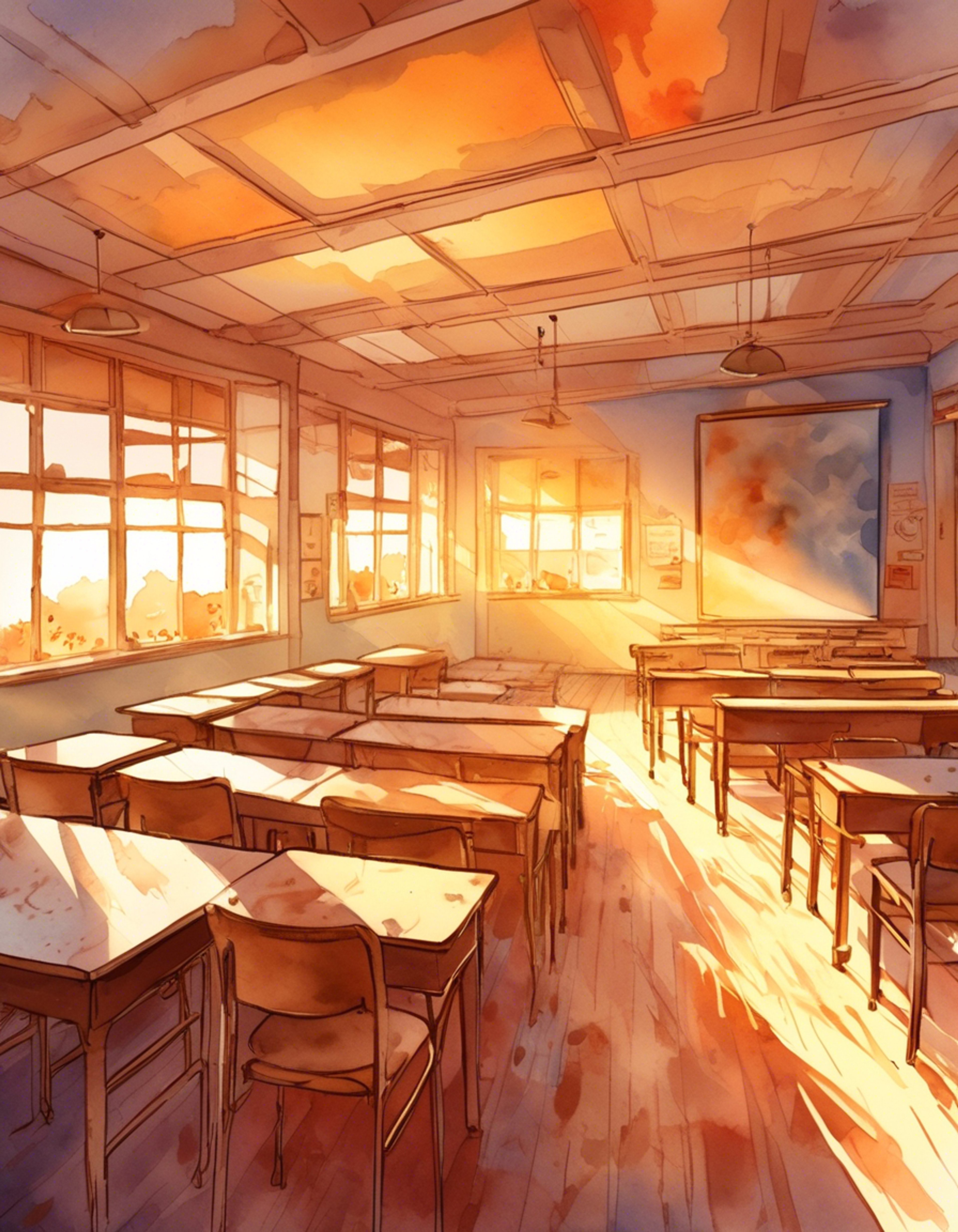 A tense confrontation unfolds between you and Ayumu in an empty classroom after school hours. The air is thick with unspoken words and building tension as you face each other. The setting sun casts long shadows through the windows, adding to the dramatic atmosphere of this pivotal moment.