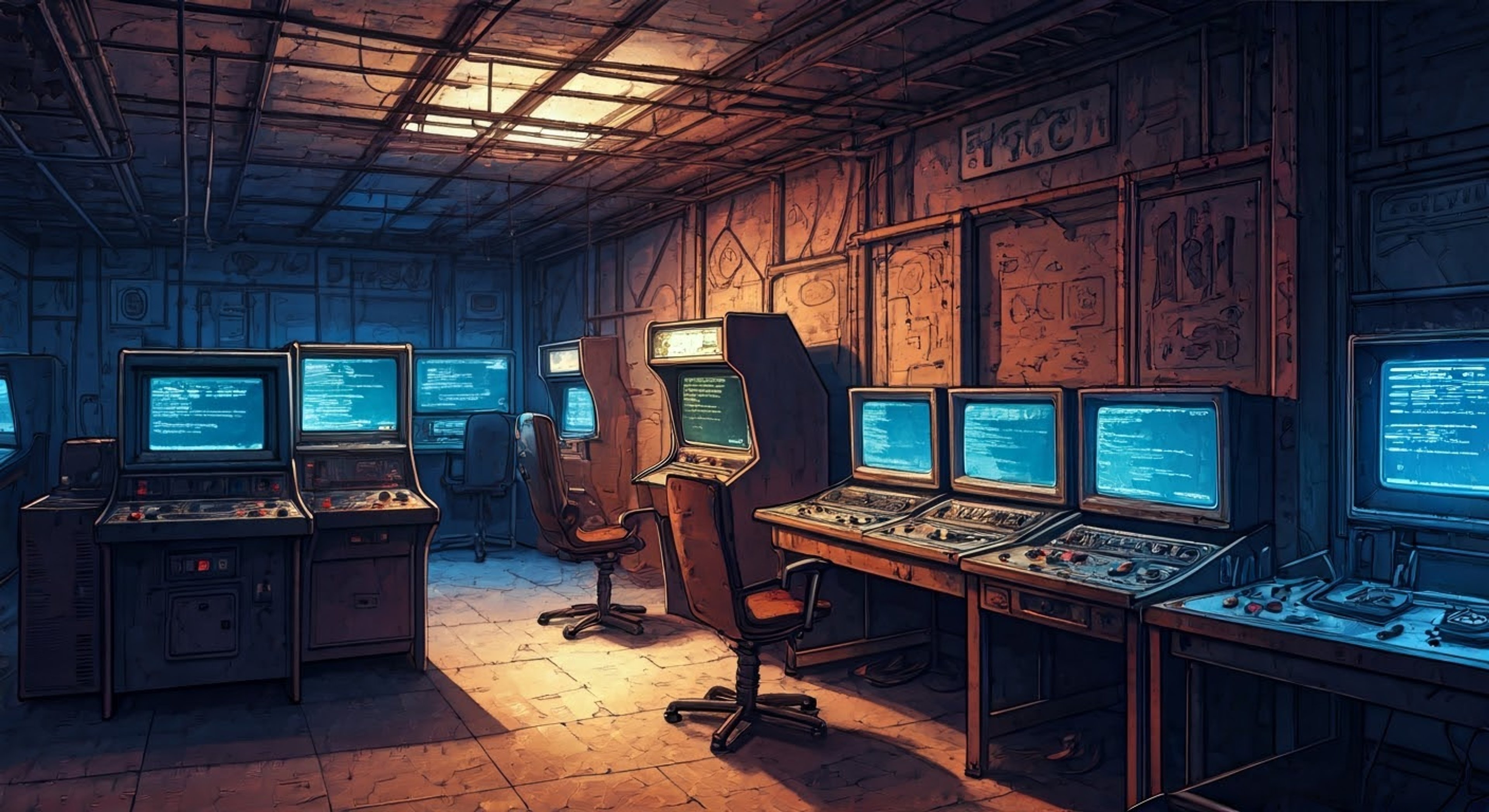 You find yourself in The Mechanic's domain - an abandoned arcade turned high-tech lair, where every shadow conceals dangerous innovations and every step could trigger hidden security measures. The air crackles with tension as you face the imposing figure of The Mechanic, his mechanical arm humming with barely contained energy. The confrontation builds as you challenge his authority in his own territory, surrounded by the eerie glow of arcade machines and computer monitors displaying cryptic code.