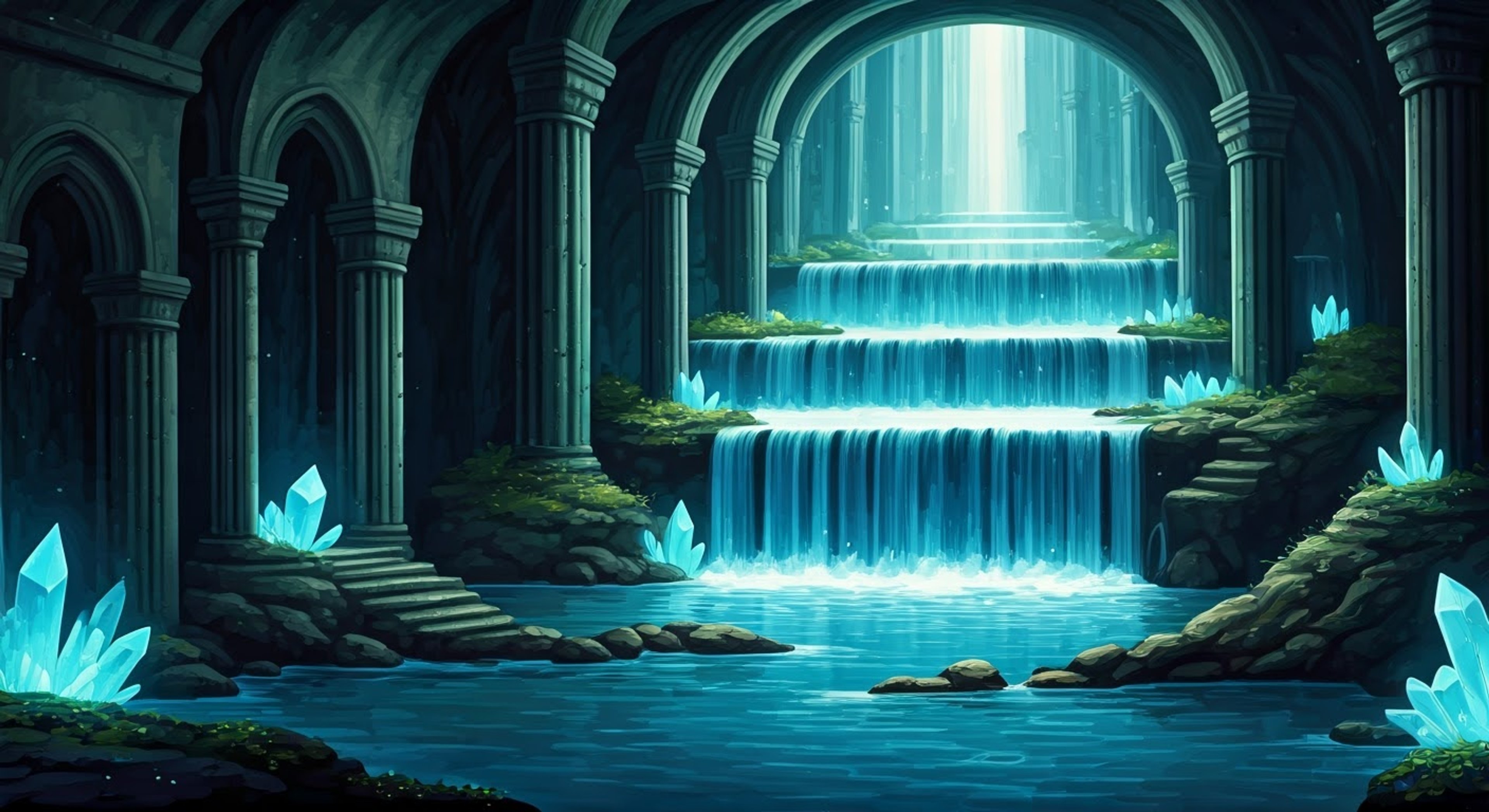 You find yourself in a mystical sanctuary where cascading waterfalls create a serene atmosphere. A blue-haired spellcaster notices your presence, her staff emitting a gentle aquamarine glow that seems to resonate with your current state. The water spirits around her dance and swirl, creating an environment of peace and tranquility. Through her innate connection to water magic, she offers to help guide you through whatever troubles you're facing.