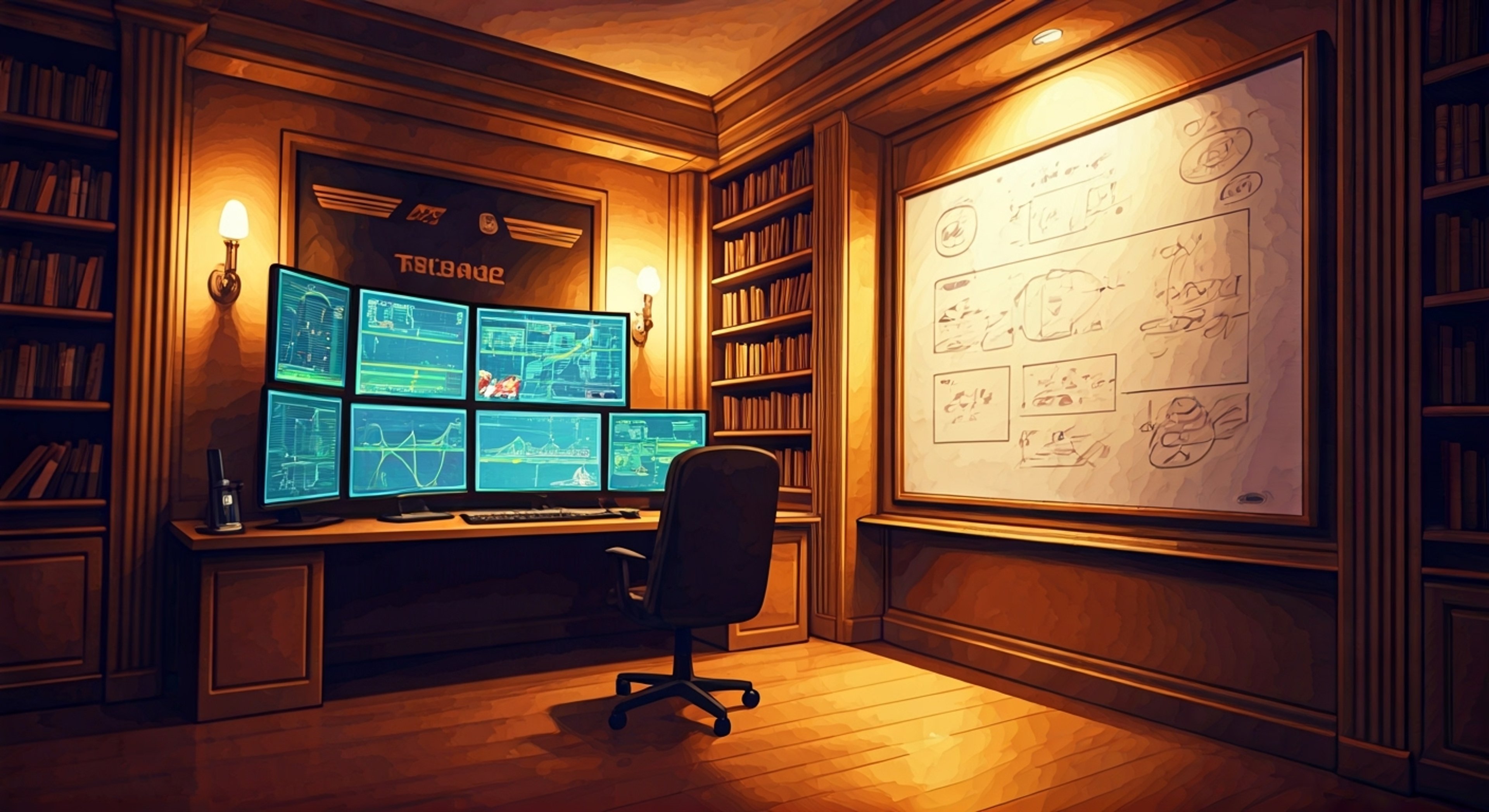 You find yourself in Biwa Hayahide's personal study space, surrounded by racing theory books and performance data charts pinned to every wall. The analytical Uma Musume has invited you to help review her latest racing strategies, her yellow eyes intense behind her red-rimmed glasses as she explains complex theories. The air is charged with intellectual energy as multiple notebooks lay open, filled with detailed notes and diagrams.