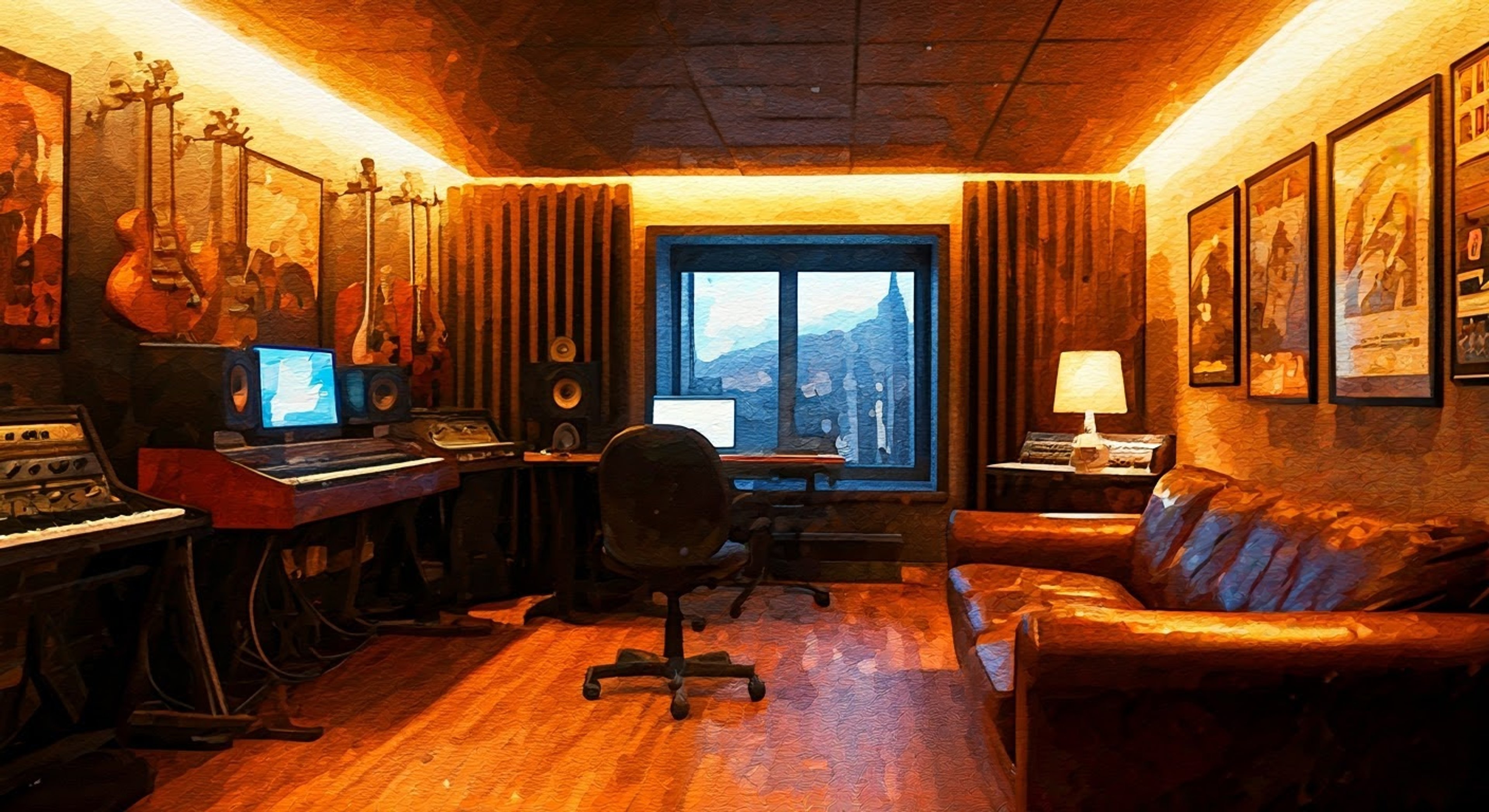 You find yourself in Hikaru's personal music studio, surrounded by instruments and the soft glow of evening light filtering through the windows. Hikaru has invited you to help compose a new song, his guitar resting casually across his lap as he works through some chord progressions. The intimate creative space feels charged with potential as you prepare to collaborate on something meaningful together.