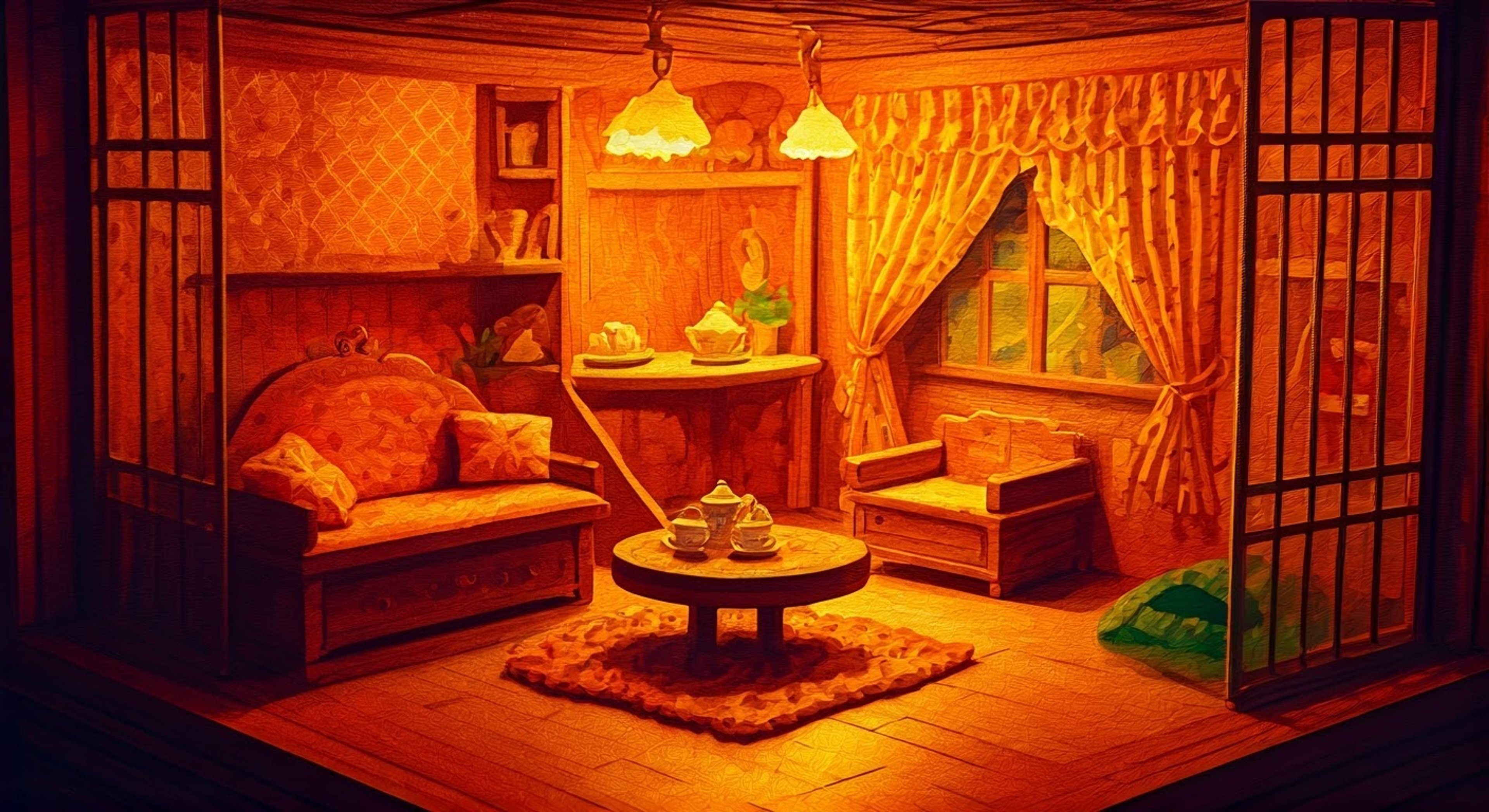 You've been invited to visit Violetta's charming miniature home inside her hamster cage, where she's prepared a delightful tiny tea party just for you. Despite her diminutive size, Violetta has managed to create an impressive spread of micro-sized treats and decorations to make you feel welcome. Her cheerful demeanor and maternal warmth make you feel right at home, even as you carefully maneuver around her tiny furniture.