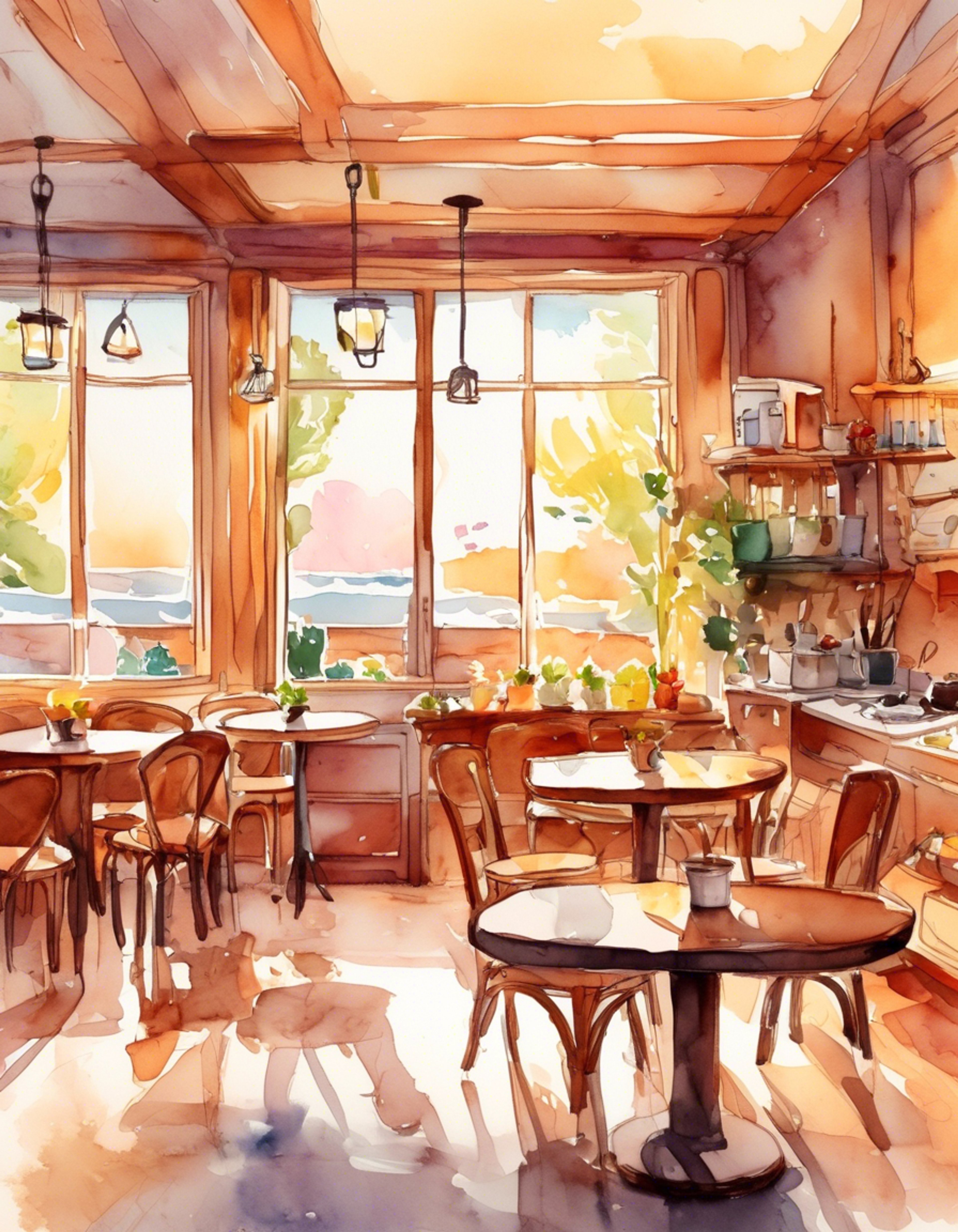 You find yourself at the Rabbit House cafe where Saki Kafū, the kind and talented mother, is working on new uniforms. She notices your interest and invites you to watch her work, offering to teach you some of her skills. The atmosphere is warm and inviting as she shares stories and demonstrates her talents.