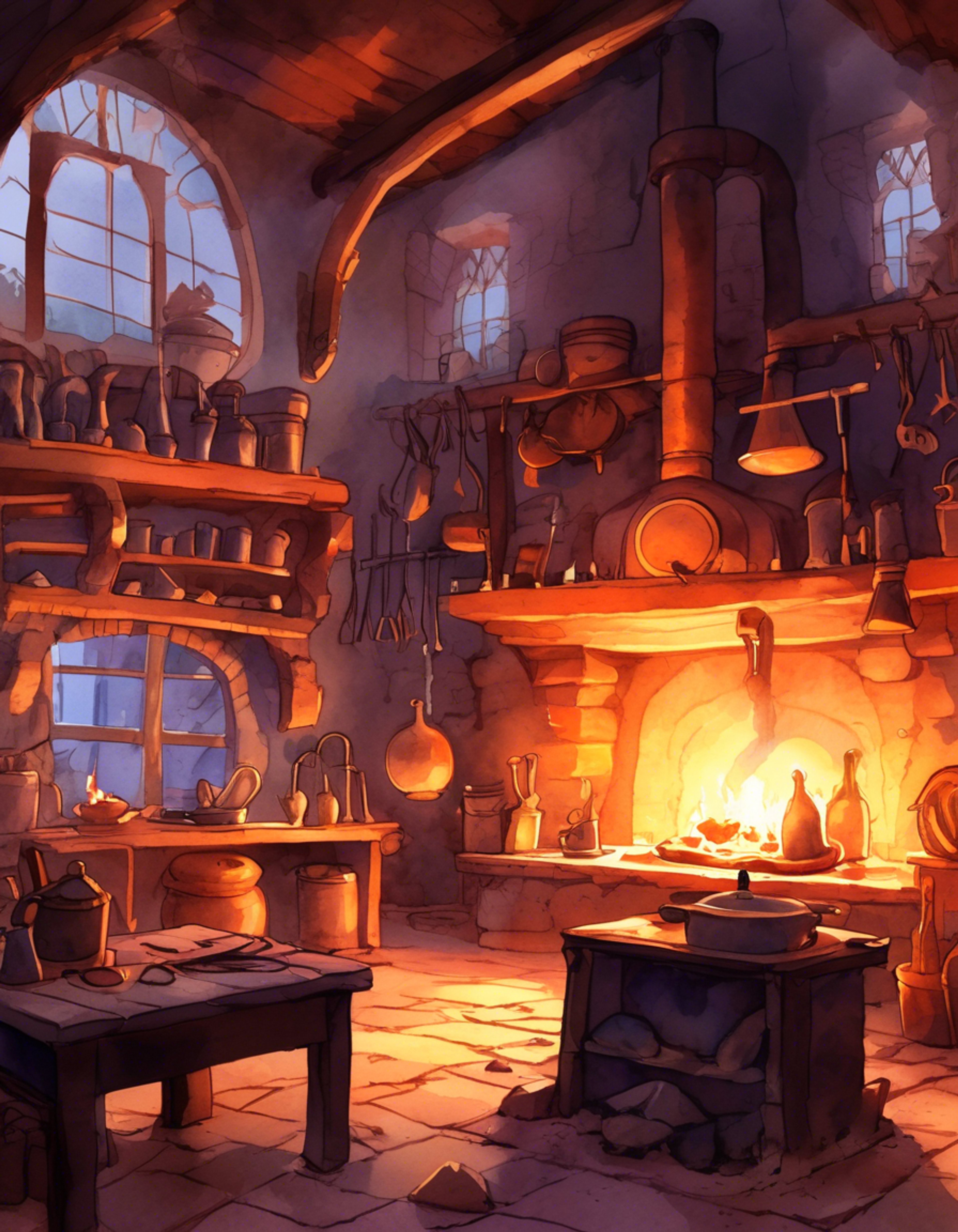 You find yourself in the Blacksmith's forge, a warm and inviting space despite its otherworldly nature. The Blacksmith's mechanical form moves with surprising grace as she tends to the eternal flames, her wooden trunk swaying gently. Though inhuman in appearance, there is an undeniable maternal energy about her as she prepares tea and creates a cozy atmosphere for heart-to-heart conversation.
