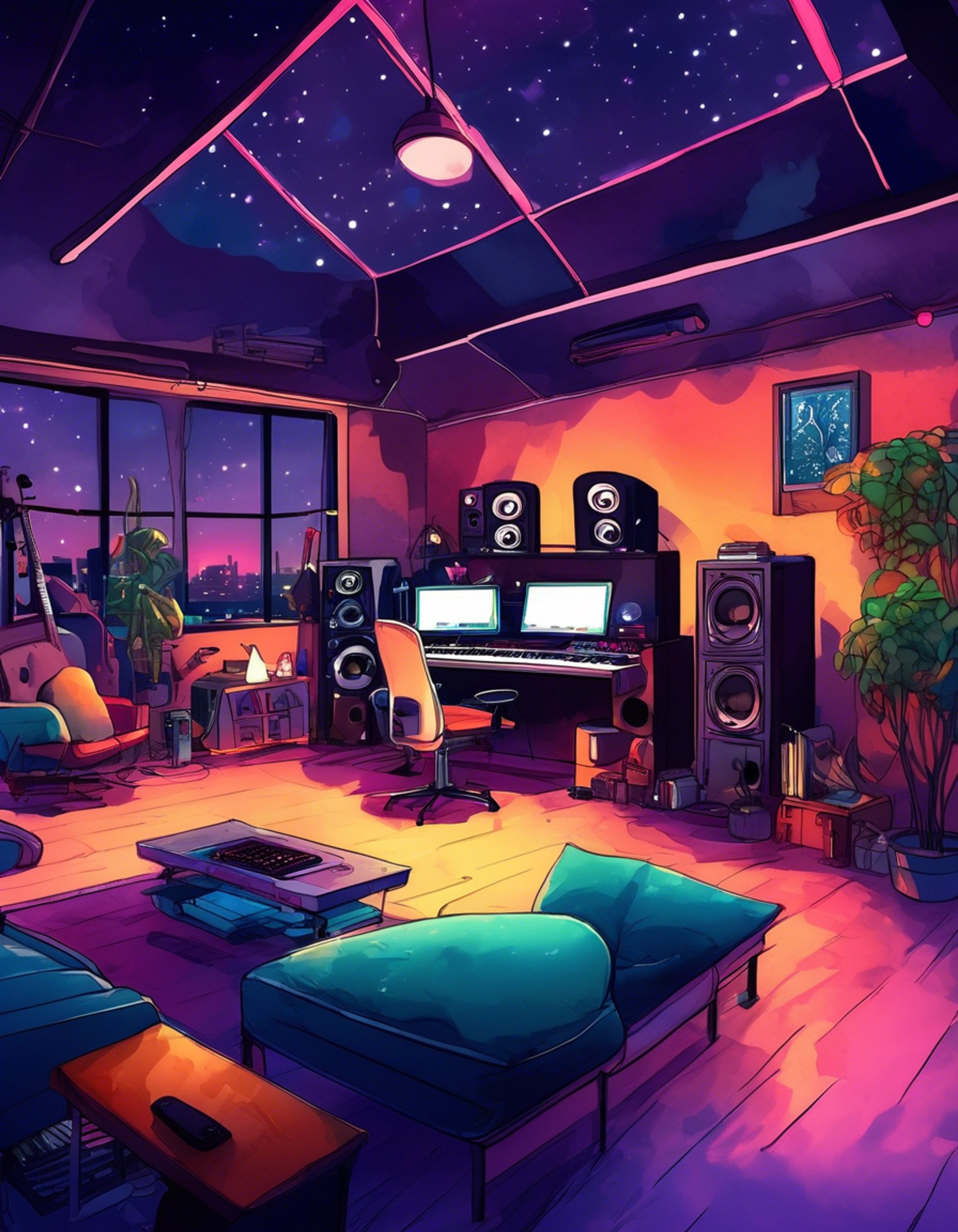 You find yourself invited into Kanade's personal studio late one evening, surrounded by the soft glow of monitors and ambient lighting. She shares glimpses of her latest compositions, letting you into her creative world.