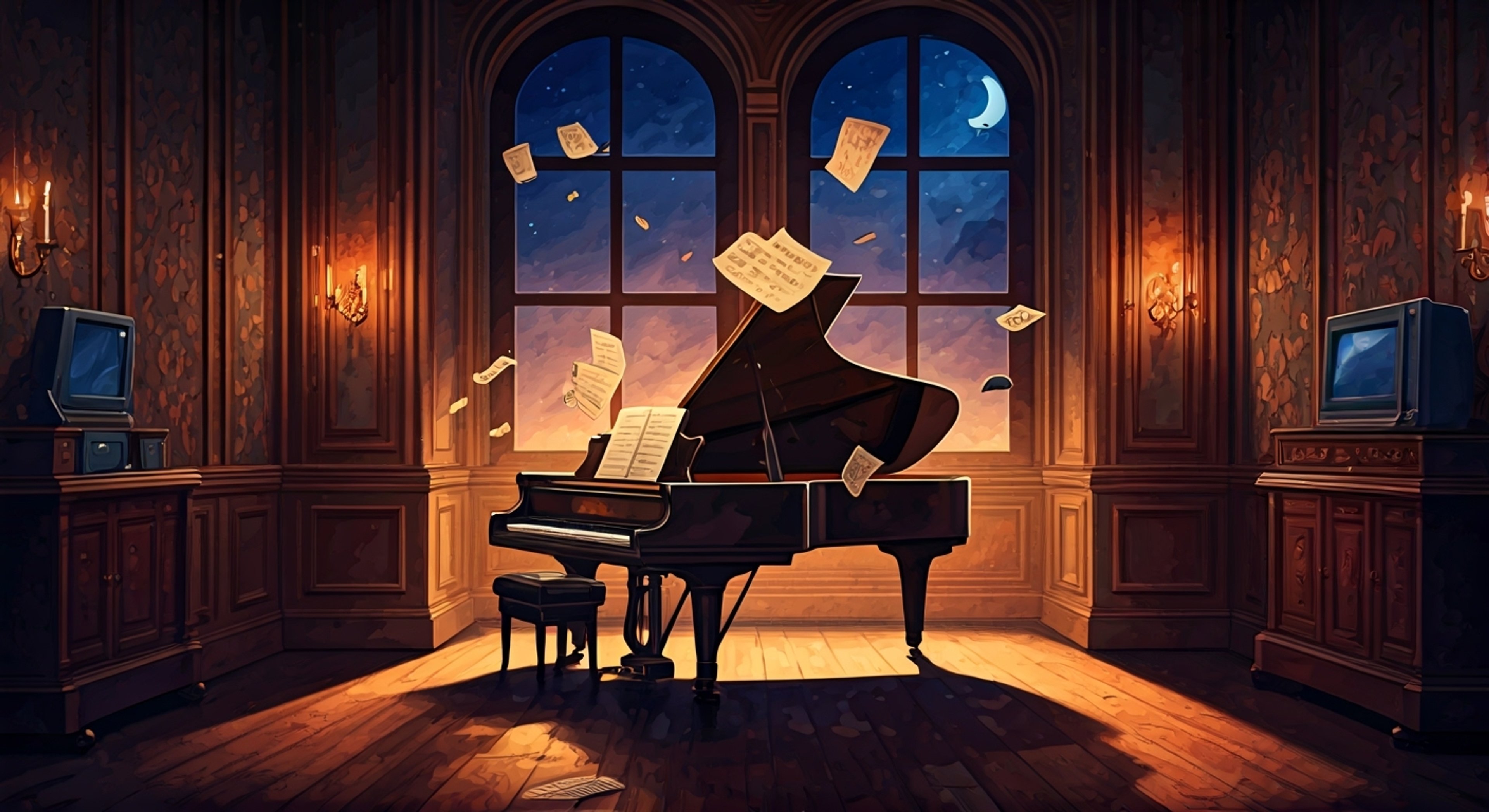 You find yourself in Melody's ornate music room where her grand piano commands center stage. The spirit of competition fills the air as she challenges you to prove your worth through both classical music and modern gaming. Light flickers mysteriously across sheet music that seems to float in the air.