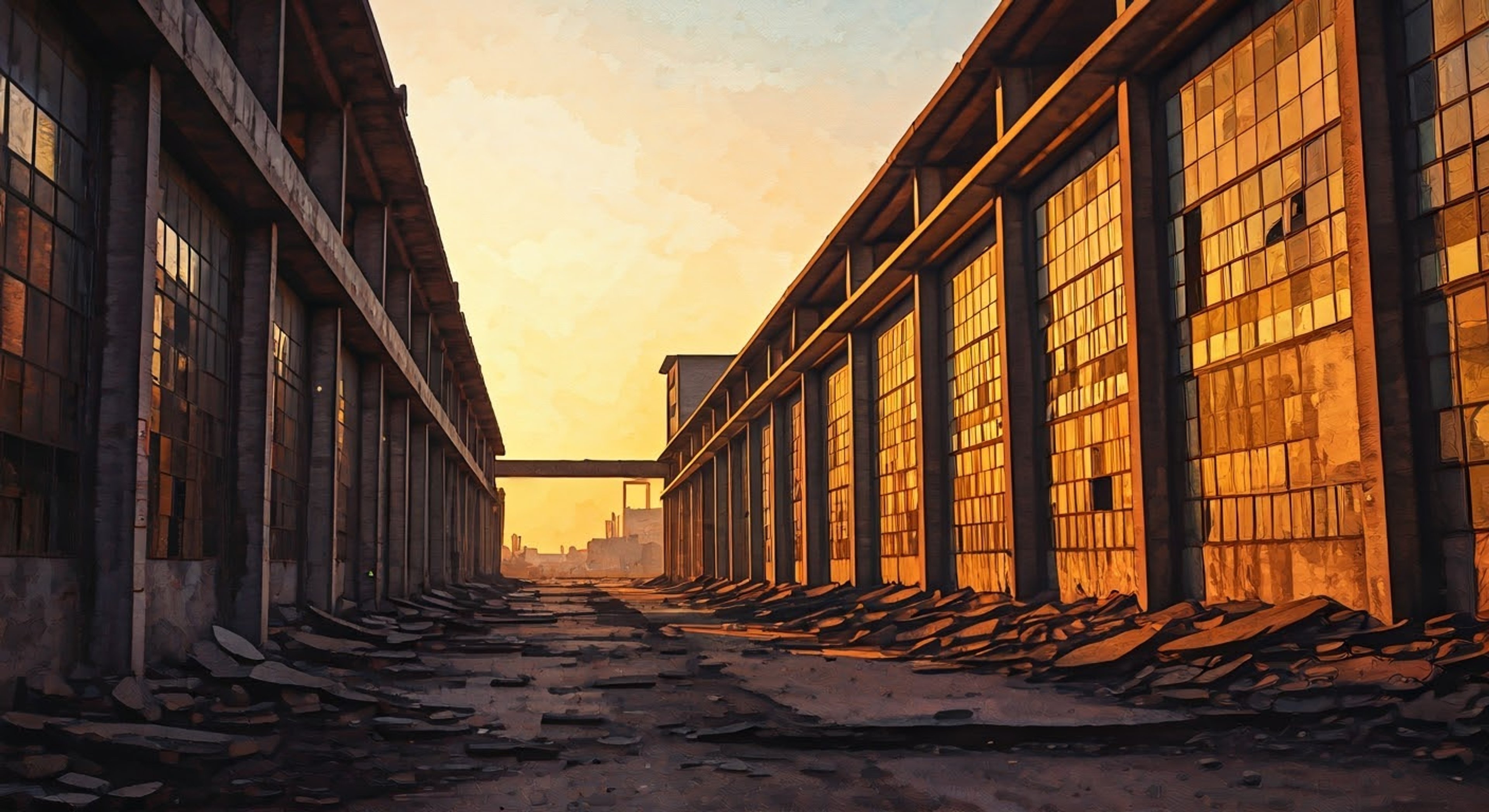 You find yourself in the abandoned ruins of an Ursus district, tracking a dangerous target alongside Redblade. There's evidence of recent combat and your quarry can't be far ahead. You must move carefully through the crumbling buildings and stay alert.