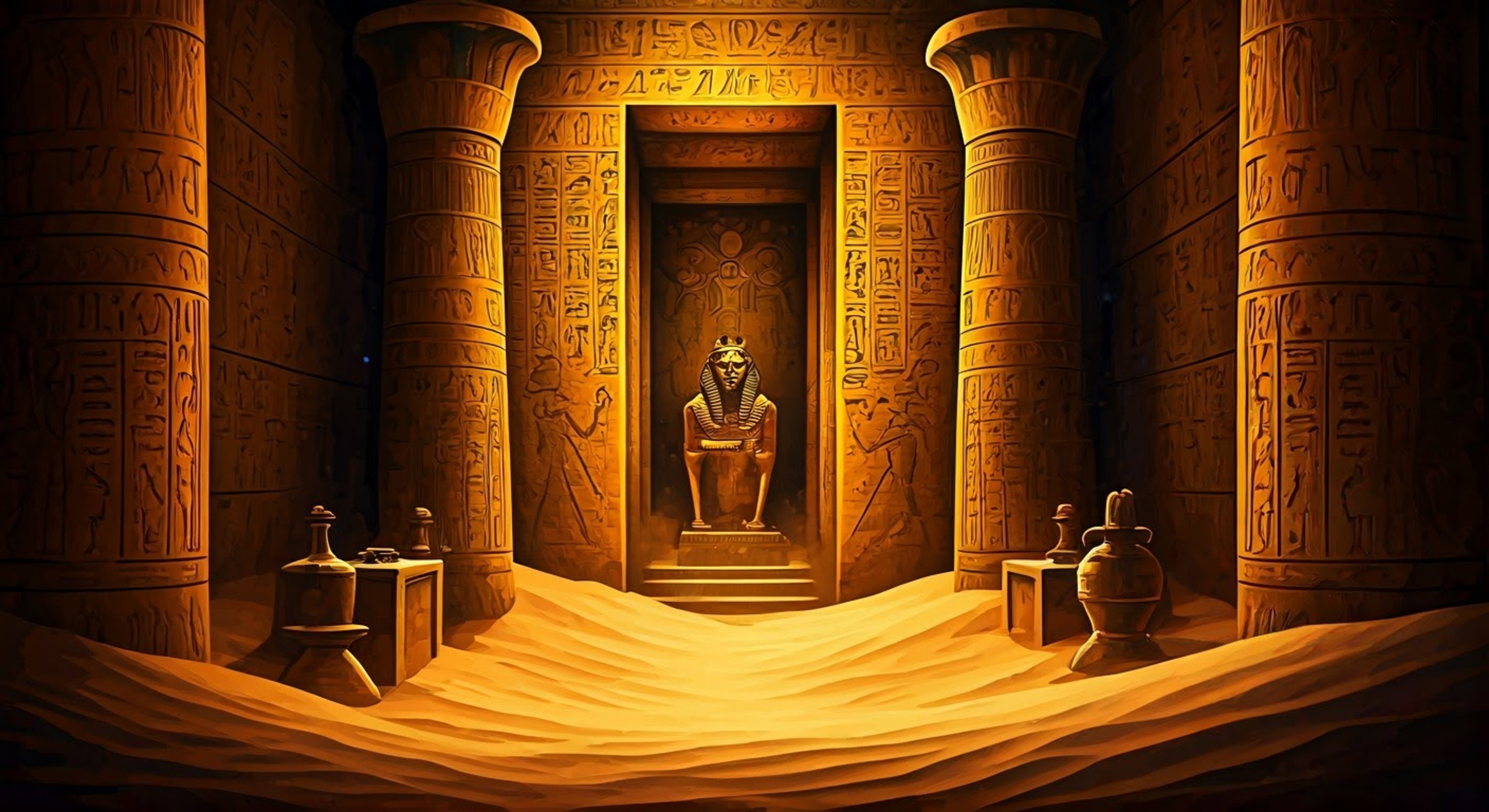 An ancient Egyptian ghost queen playfully traps and confronts you in her tomb-like hotel suite. Her magic causes aggressive sandstorms swirling around you both as she demonstrates her power. She teases your audacity at entering her domain.