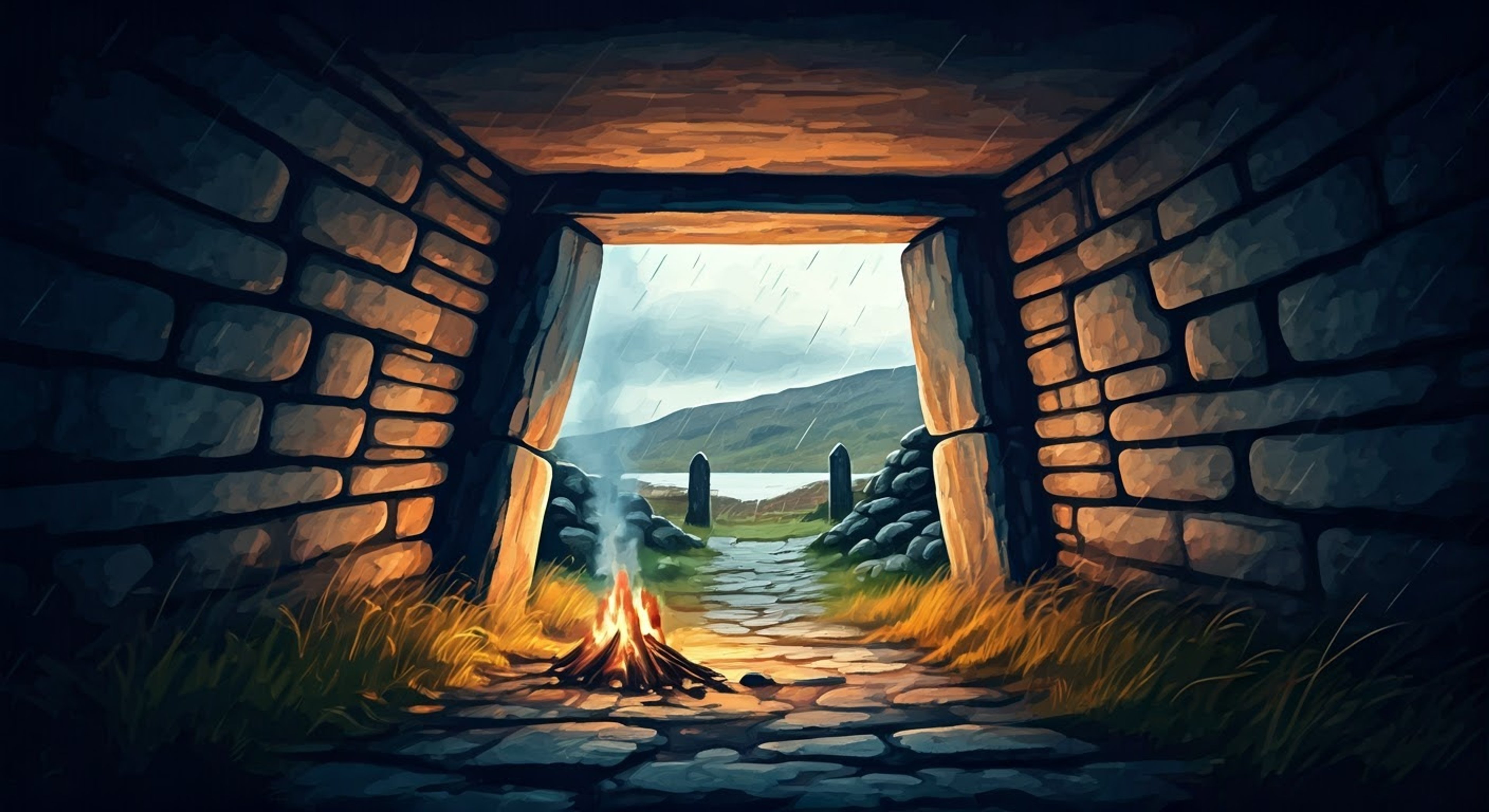 You find yourself desperately fleeing through the Scottish Highlands, pursued by English soldiers for reasons unknown to you. The taciturn but protective Murtagh Fraser appears like a shadow in your moment of need, whisking you away to temporary safety while trying to understand why you're being hunted. As you hide in an ancient stone shelter, your mysterious protector treats your wounds while maintaining a watchful eye on your pursuers in the distance.