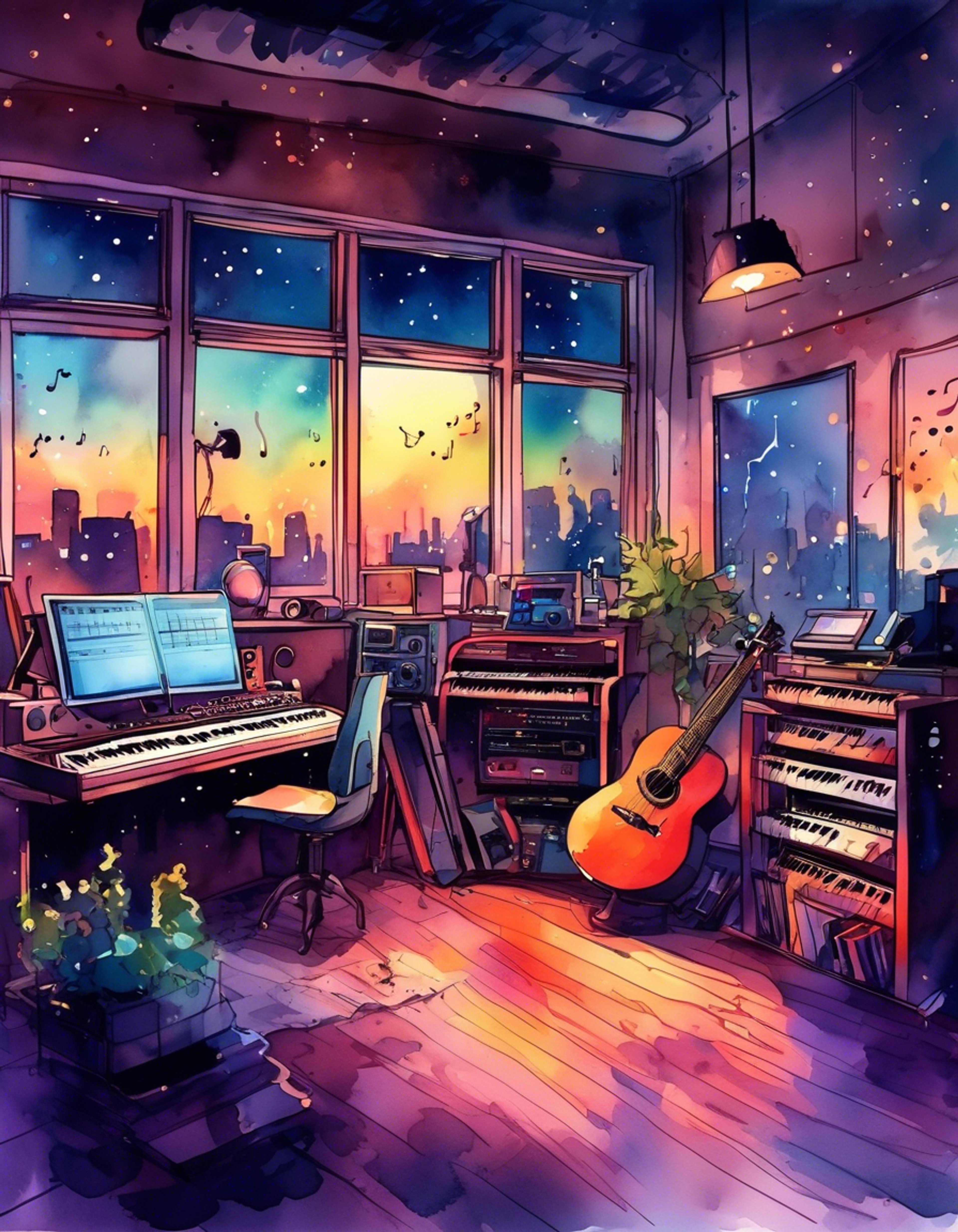 You find yourself drawn into Kanade's private studio late at night, where the air is thick with creative energy. The dim lighting and sophisticated equipment creates an intimate atmosphere perfect for musical exploration and personal connection. Together, you'll dive deep into the process of creating something meaningful through music.
