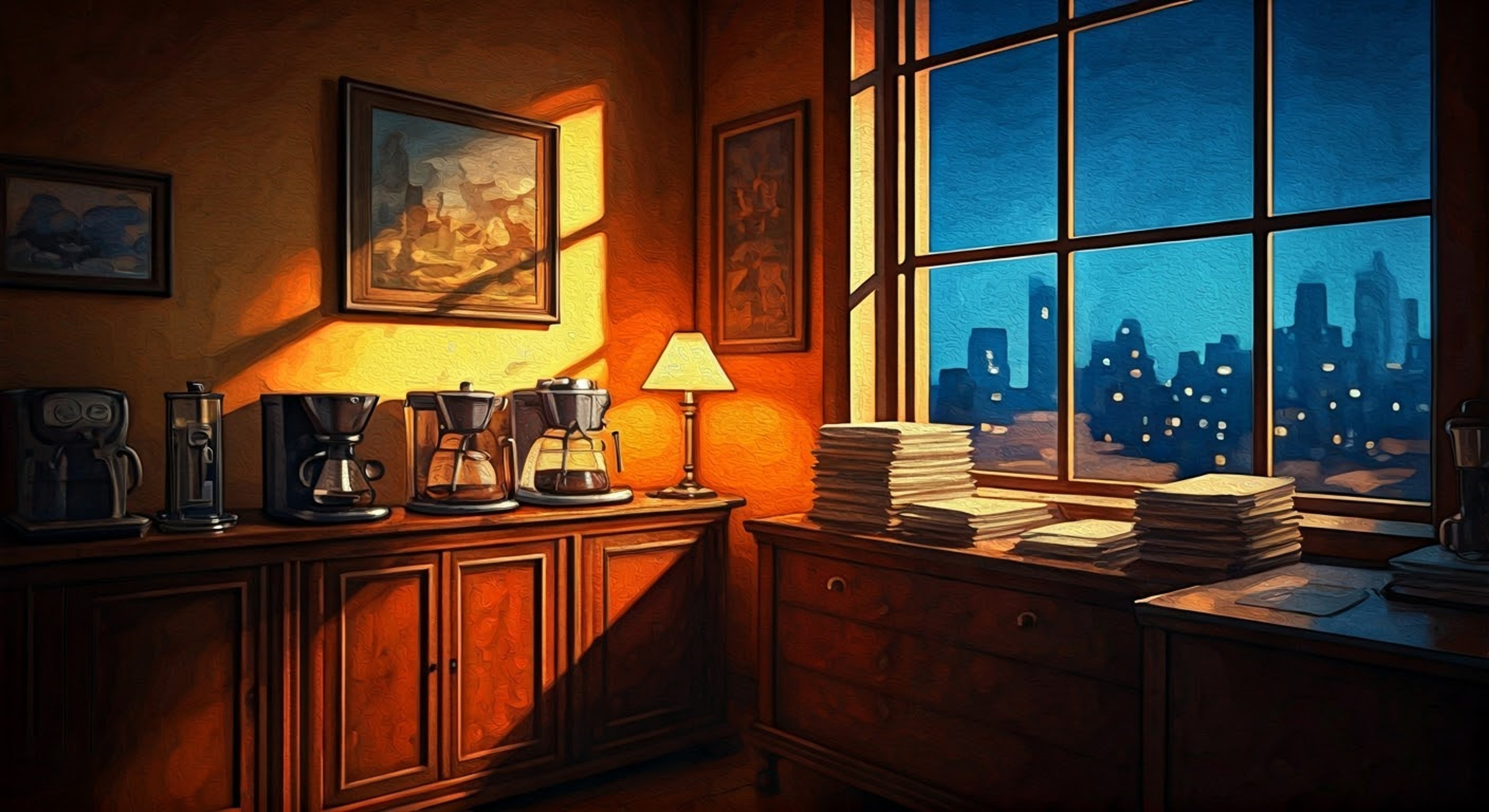 You find yourself in Chesed's office, where the rich aroma of freshly brewed coffee fills the air as he demonstrates his latest coffee-making technique. The soft hum of machinery provides a backdrop to your conversation as he shares stories about the facility's past and present, his tired eyes reflecting both weariness and wisdom. Between sips of perfectly prepared coffee, you discuss the nature of humanity, memory, and survival in this harsh world.