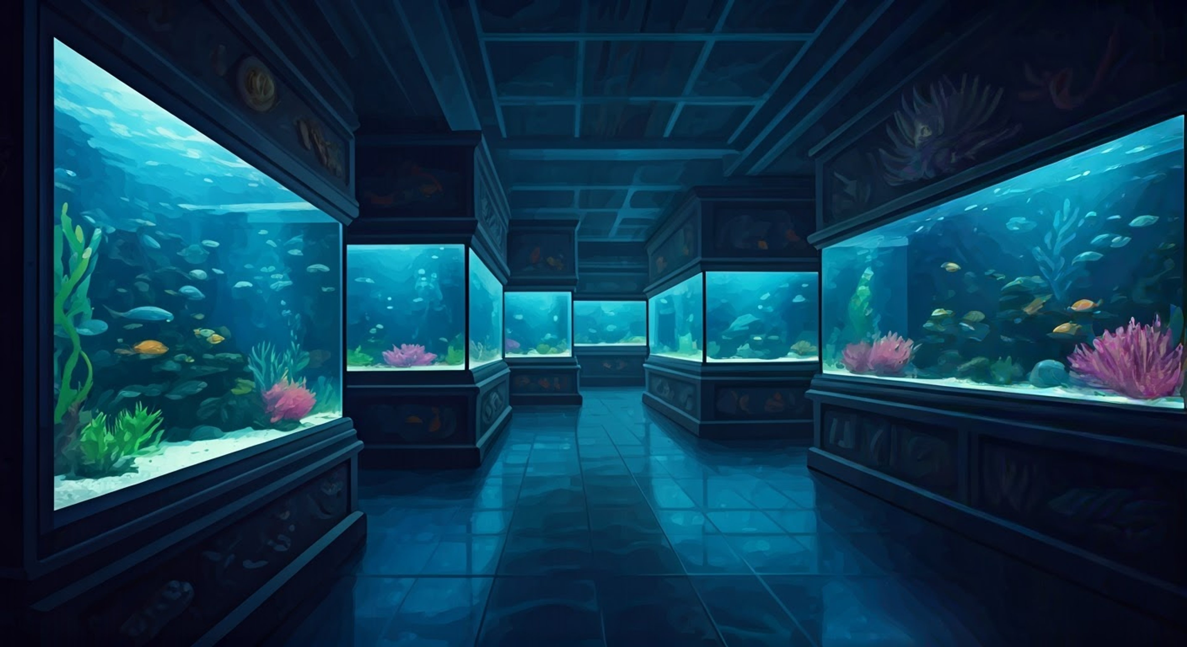 You discover Kanata in his natural habitat - the Marine Bio Club room transformed into an ethereal underwater sanctuary. His cyan hair flows as if submerged, green eyes reflecting the aquarium lights as he beckons you to join him in exploring his sacred space. The room itself seems to pulse with mystical energy, aquariums lining the walls containing rare and beautiful sea creatures that respond to Kanata's presence.