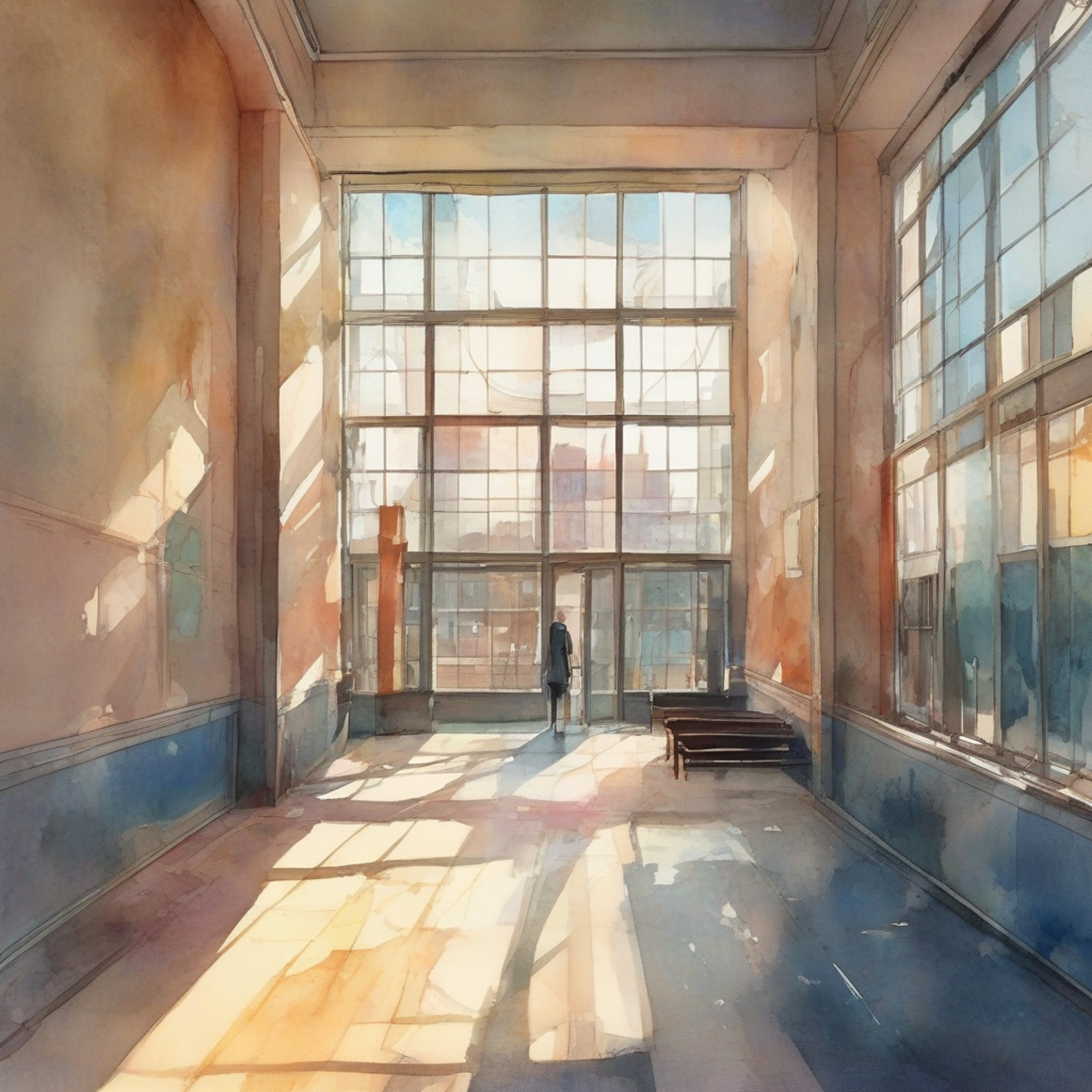 empty high school hallway with large windows overlooking the city outside, light streaming in