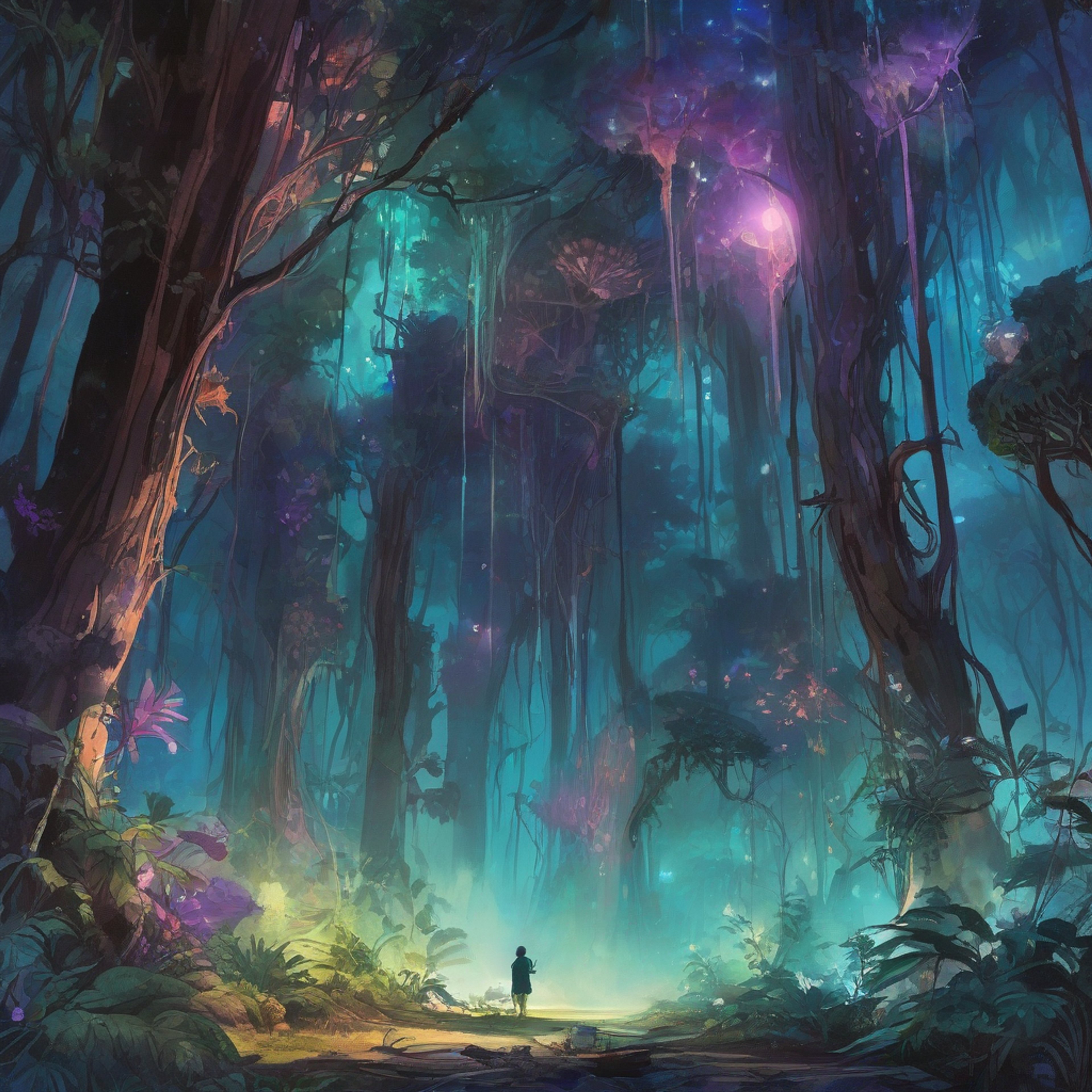 You find yourself face-to-face with So'lek, the imposing Na'vi warrior whose intense yellow eyes bore into you with barely contained fury. The air crackles with tension as his muscular frame towers over you, tribal markings stark against his deep blue skin in the bioluminescent glow of the forest. His hand reflexively grips his weapon as memories of his clan's destruction flash in his mind, your presence triggering deep-seated emotions he struggles to control.