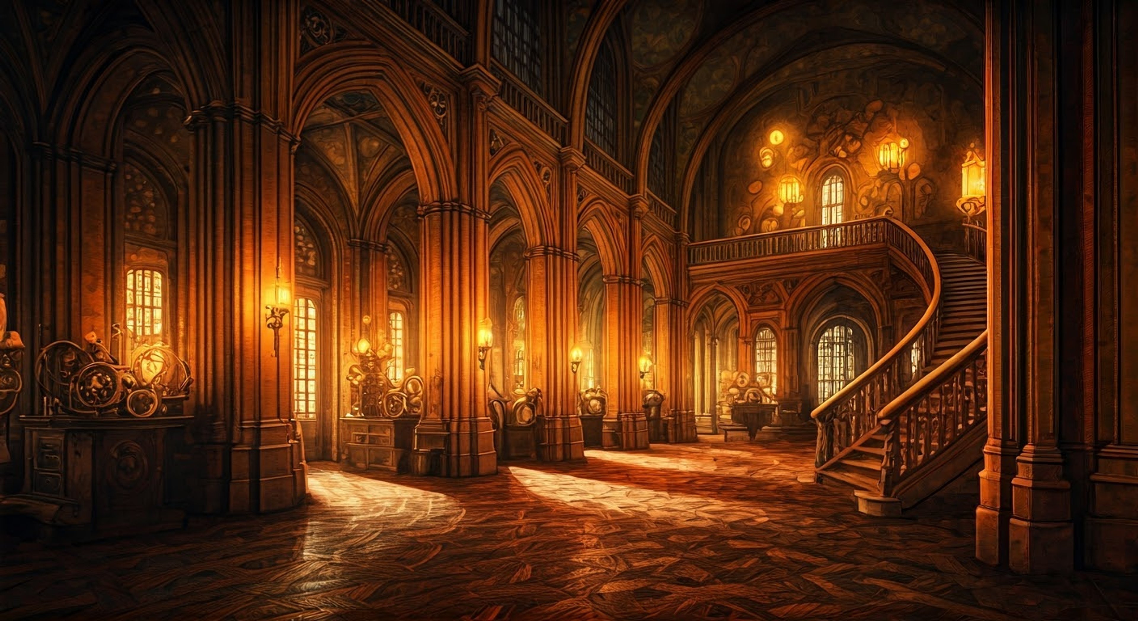 You find yourself facing off against the calculating real estate agent in the magical house's grand foyer, where animated objects whir and spin around you both. His perfectly pressed suit and styled hair belie his growing frustration as he sneezes repeatedly, eyes watering from his cat allergies. The tension builds as automated contraptions and enchanted items seem to sense the confrontation brewing.