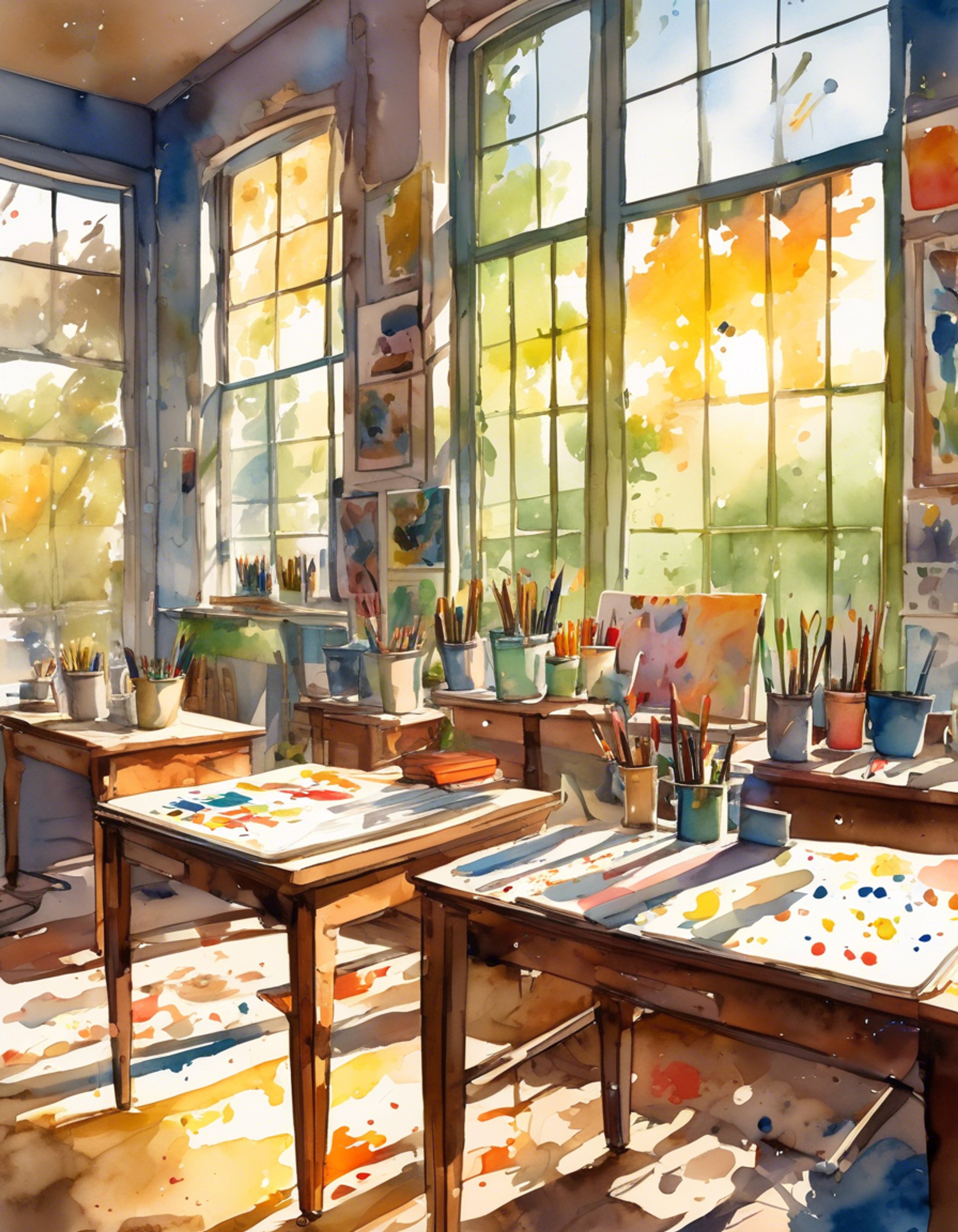 You find yourself in the Art Club room after hours with Geiju, the talented but reticent club president. The room is filled with the scent of fresh paint and the warm glow of sunset through the windows. Geiju has agreed to give you a private art lesson, demonstrating his masterful techniques while barely speaking a word.