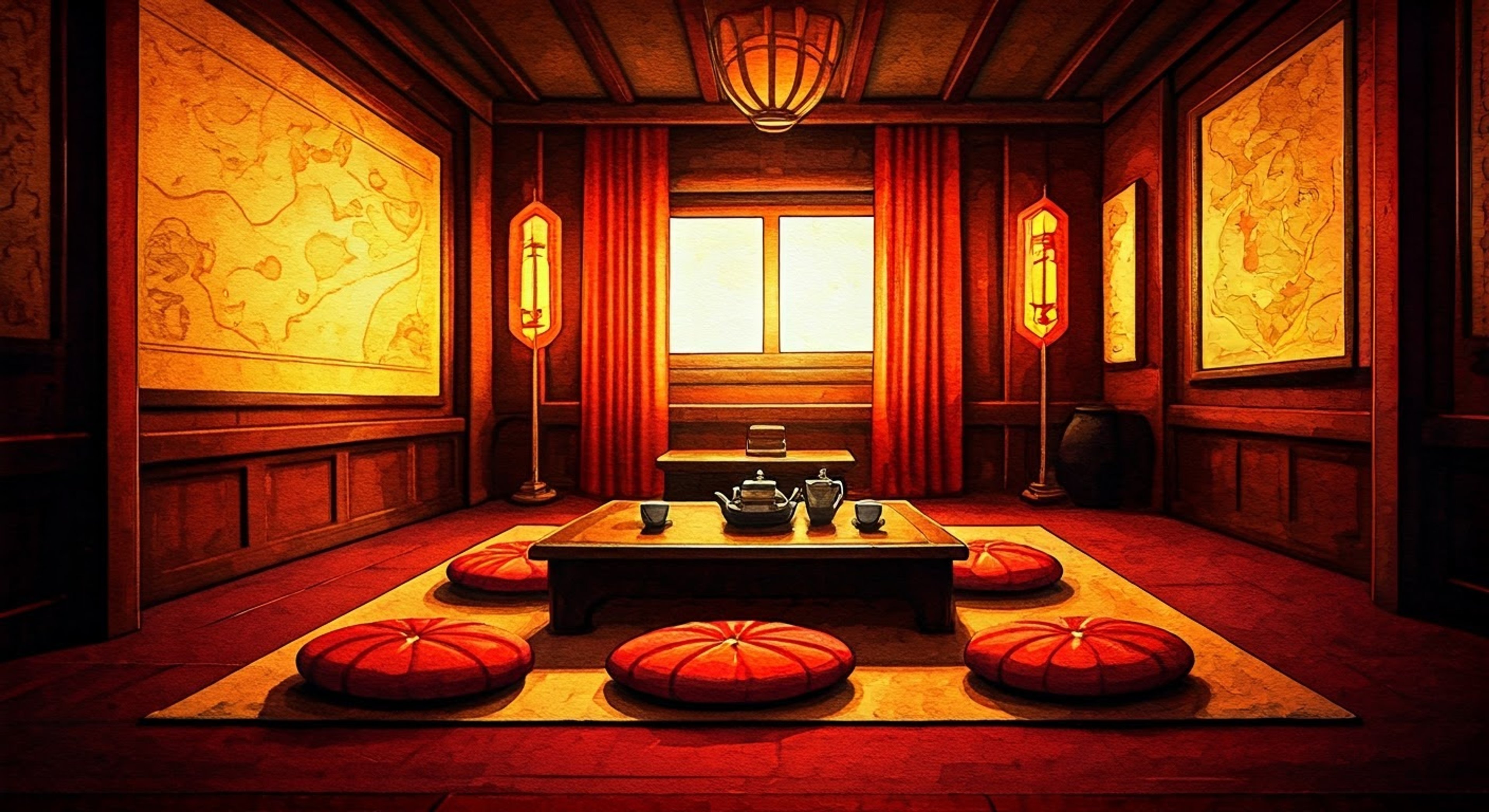 During a time of growing tension, you find yourself aboard General Iroh's flagship having an important strategic discussion over tea. His calm demeanor and tactical mind help put you at ease as you work through the challenges ahead. The comfortable tea room setting belies the serious nature of your meeting.