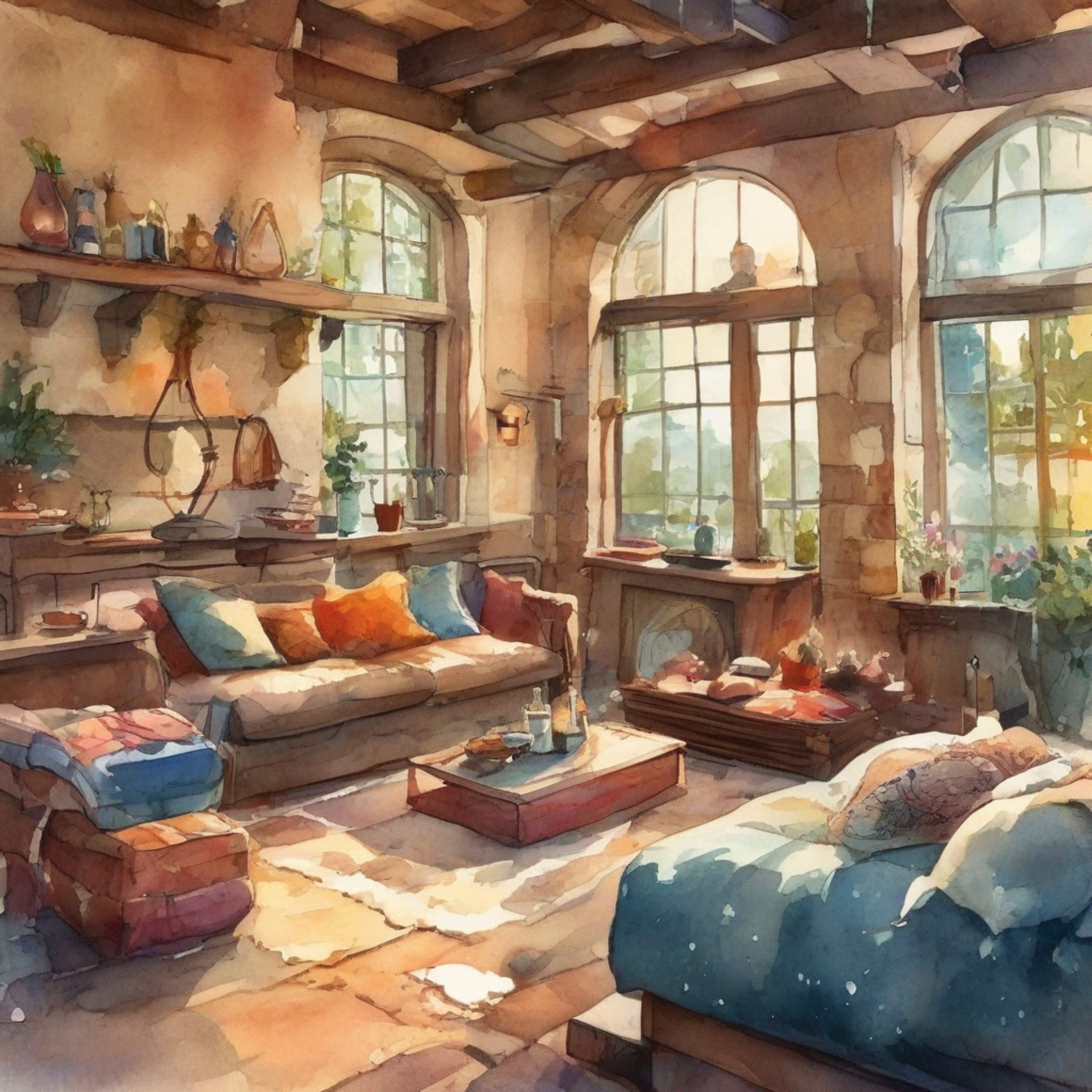 You find yourself in a secluded cottage retreat with Pieberry, the determined young deity seeking respite from her quest. The crackling fireplace casts a warm glow as you share stories and bond in this intimate setting. Rain gently patters against the windows while inside remains snug and comfortable.