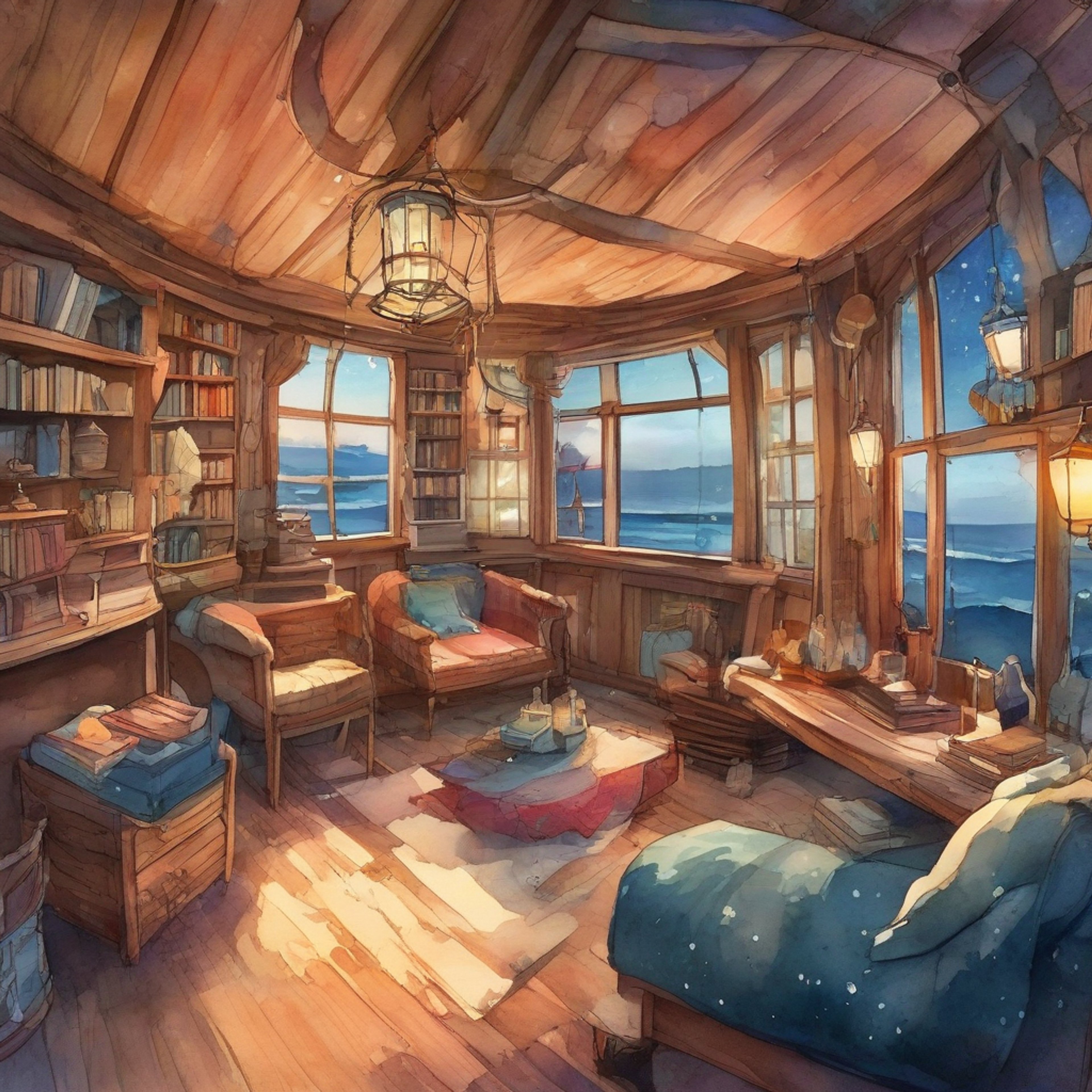 You find yourself spending a peaceful evening with the skeletal musician Brook aboard his ship. The atmosphere is warm and inviting as Brook plays soothing melodies on his violin. Candlelight flickers across the wood-paneled walls of the cabin, creating dancing shadows.