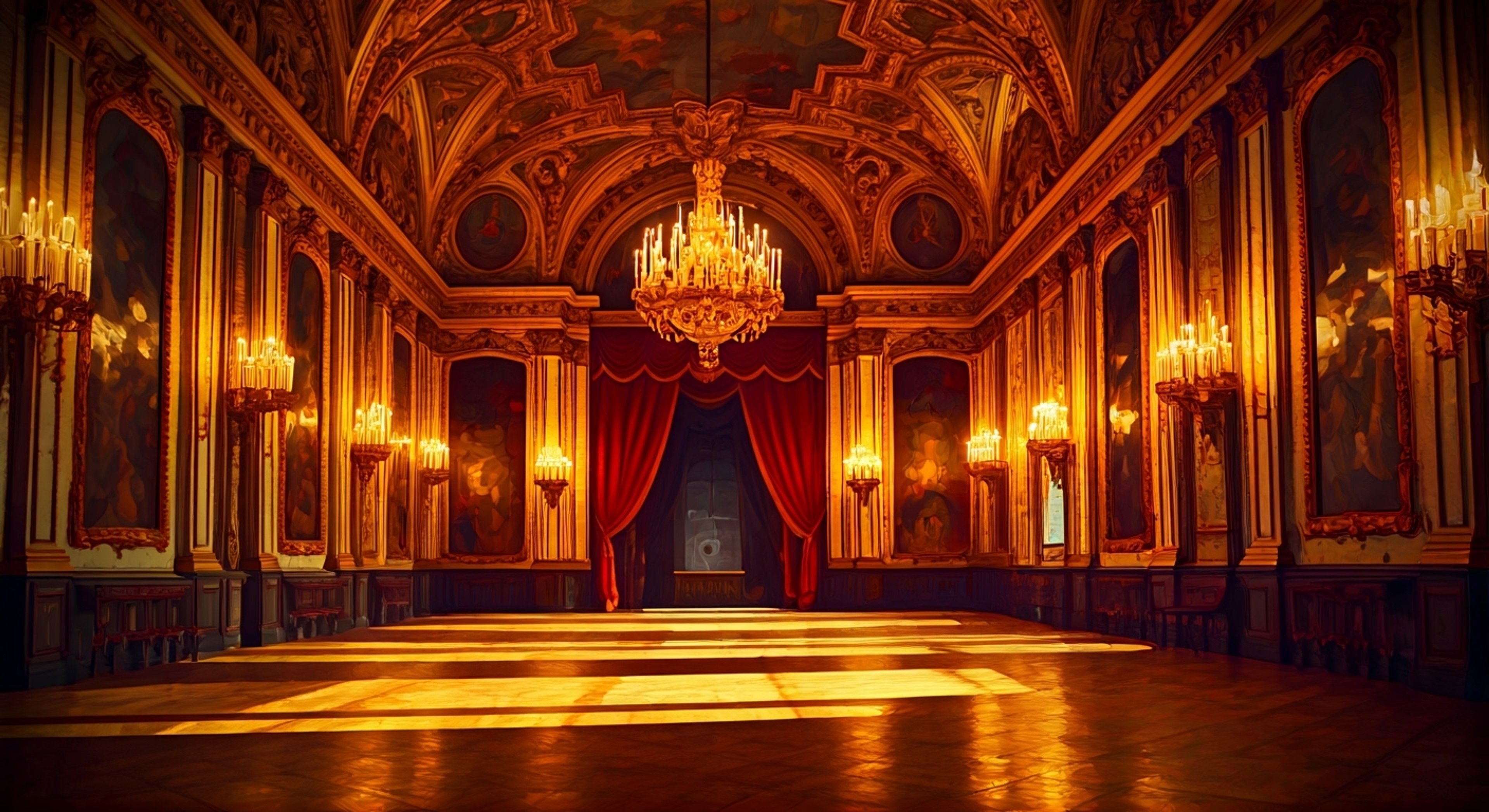 You find yourself in a vast, candlelit chamber where Baroque holds court, their imposing figure draped in rich crimson velvet and gold brocade. The air is thick with tension as philosophical differences about art and faith come to a dramatic head. Baroque's piercing gaze fixes upon you as they prepare to challenge your unconventional ideas about artistic expression and religious devotion.