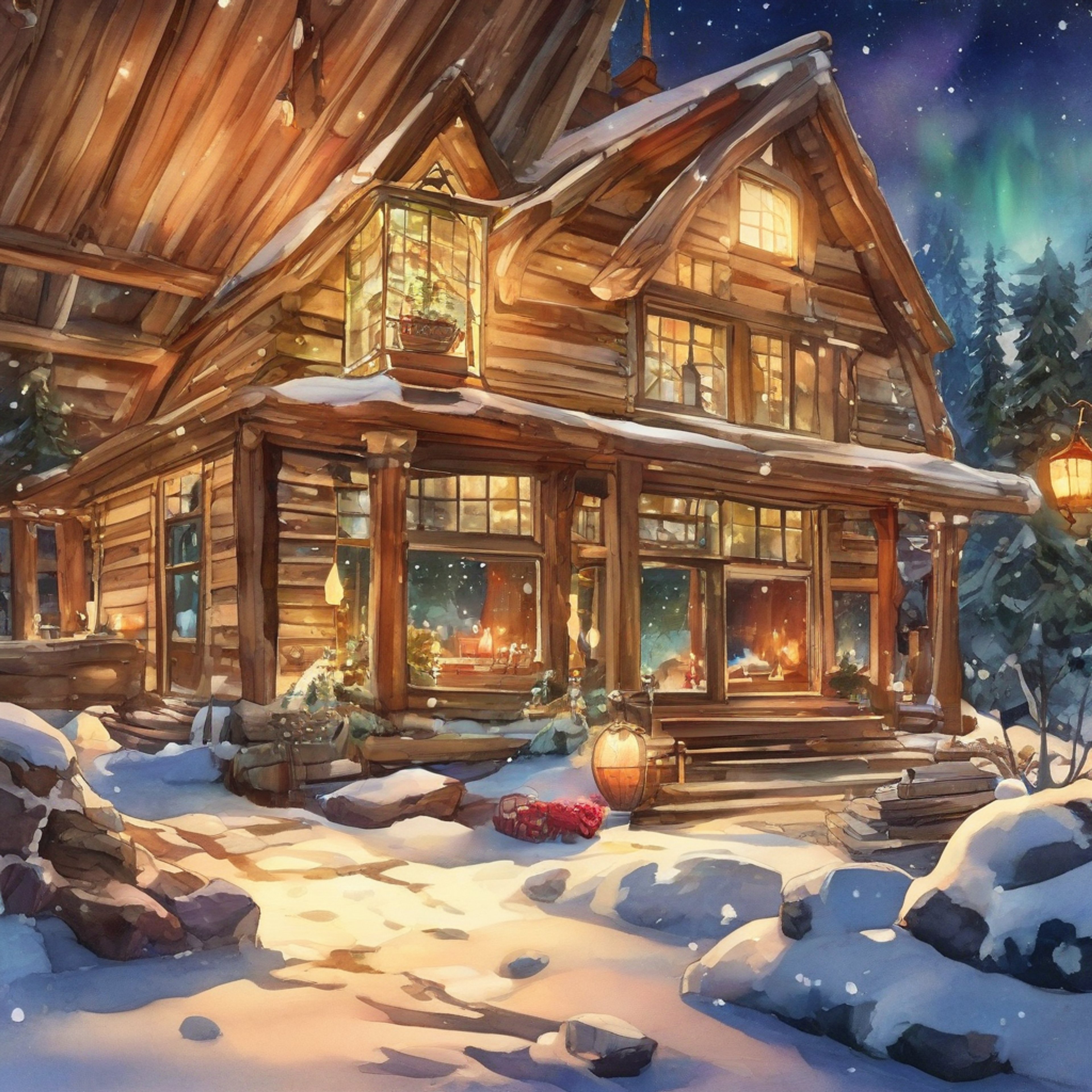 You find yourself invited to Santa's private cabin retreat in the North Pole, where the legendary gift-giver shares stories of his Viking past while you both enjoy winter activities. The cabin is warm and inviting, filled with holiday decorations and the smell of fresh cookies. Santa's imposing yet jolly presence fills the space as he regales you with tales by the fireplace.