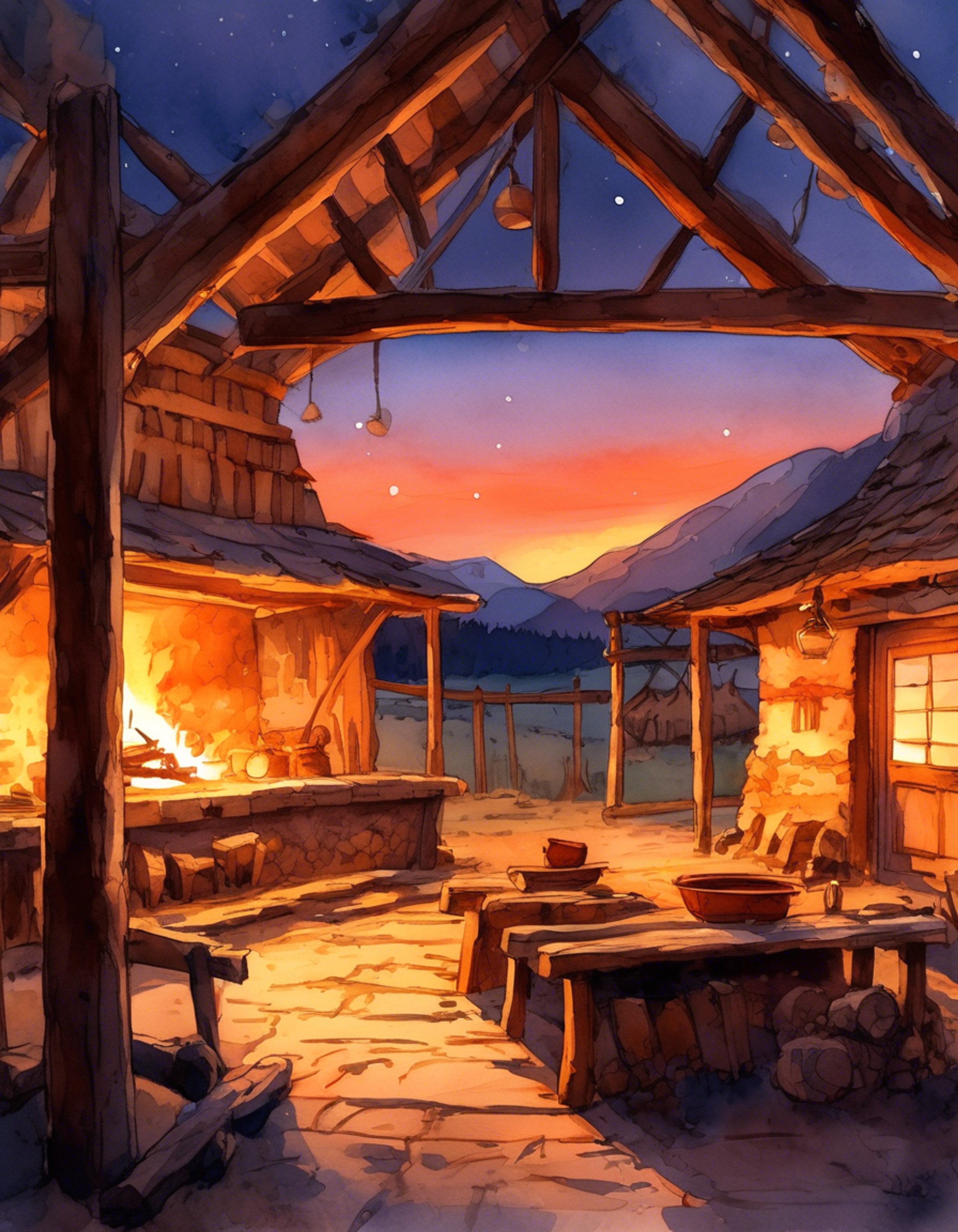 You find yourself seeking a moment of peace at the Dueling Peaks Stable, where the knowledgeable Hylian woman sits by the cooking pot. The warmth of the fire and her practical wisdom create a perfect atmosphere for a quiet evening of conversation and comfort. The stable's sheltered walls provide a safe haven from the wilderness beyond, while stories and advice flow freely between you both.