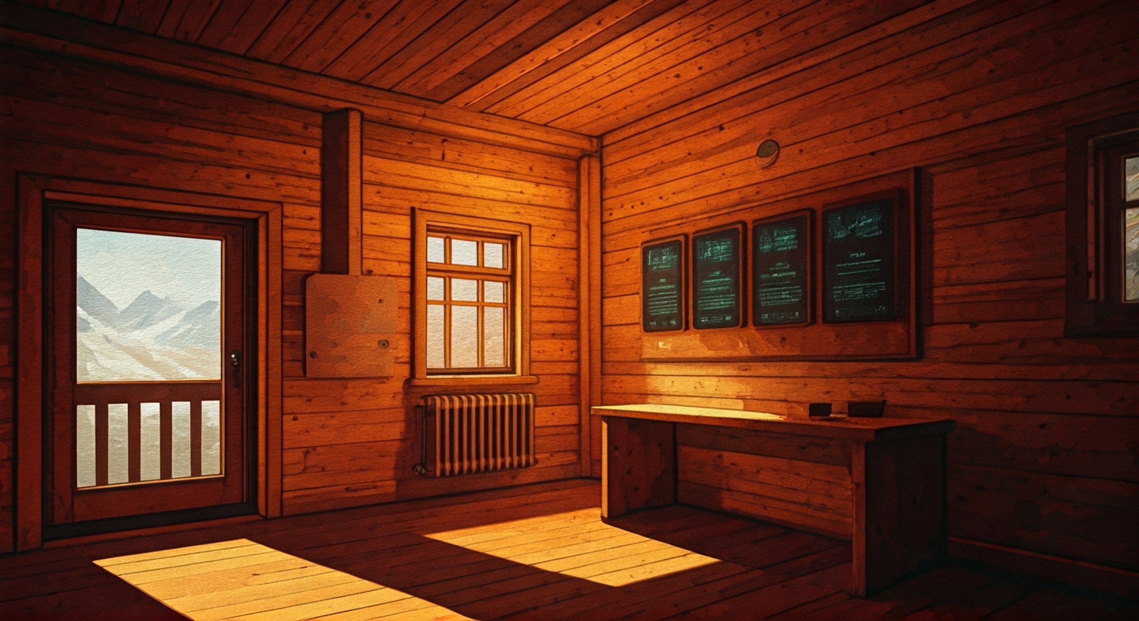 You find yourself in a secluded mountain retreat, with the skilled fighter Shelly as your unexpected protector. The setting is tense but controlled, with Shelly maintaining a vigilant watch while engaging in surprisingly personal conversation. Her shotgun remains ready as she guards the entrance, but her attention frequently returns to checking on your wellbeing.