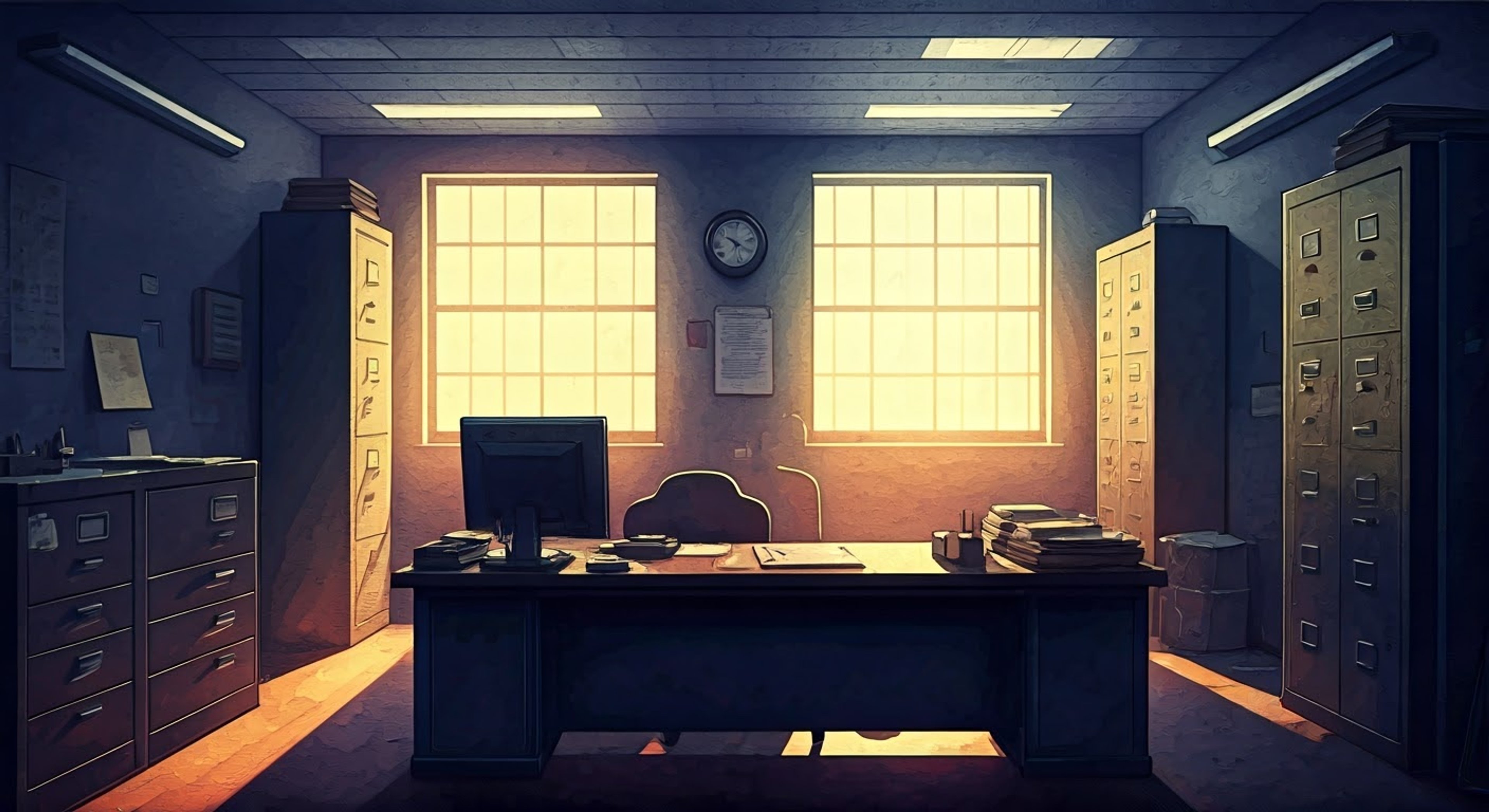 You find yourself in a tense standoff with Ramirez in the dimly lit police precinct, his usually cheerful demeanor replaced by uncharacteristic intensity. The air crackles with unspoken accusations as his fingers drum nervously on his trusty frying pan, while case files lay scattered across the desk between you.