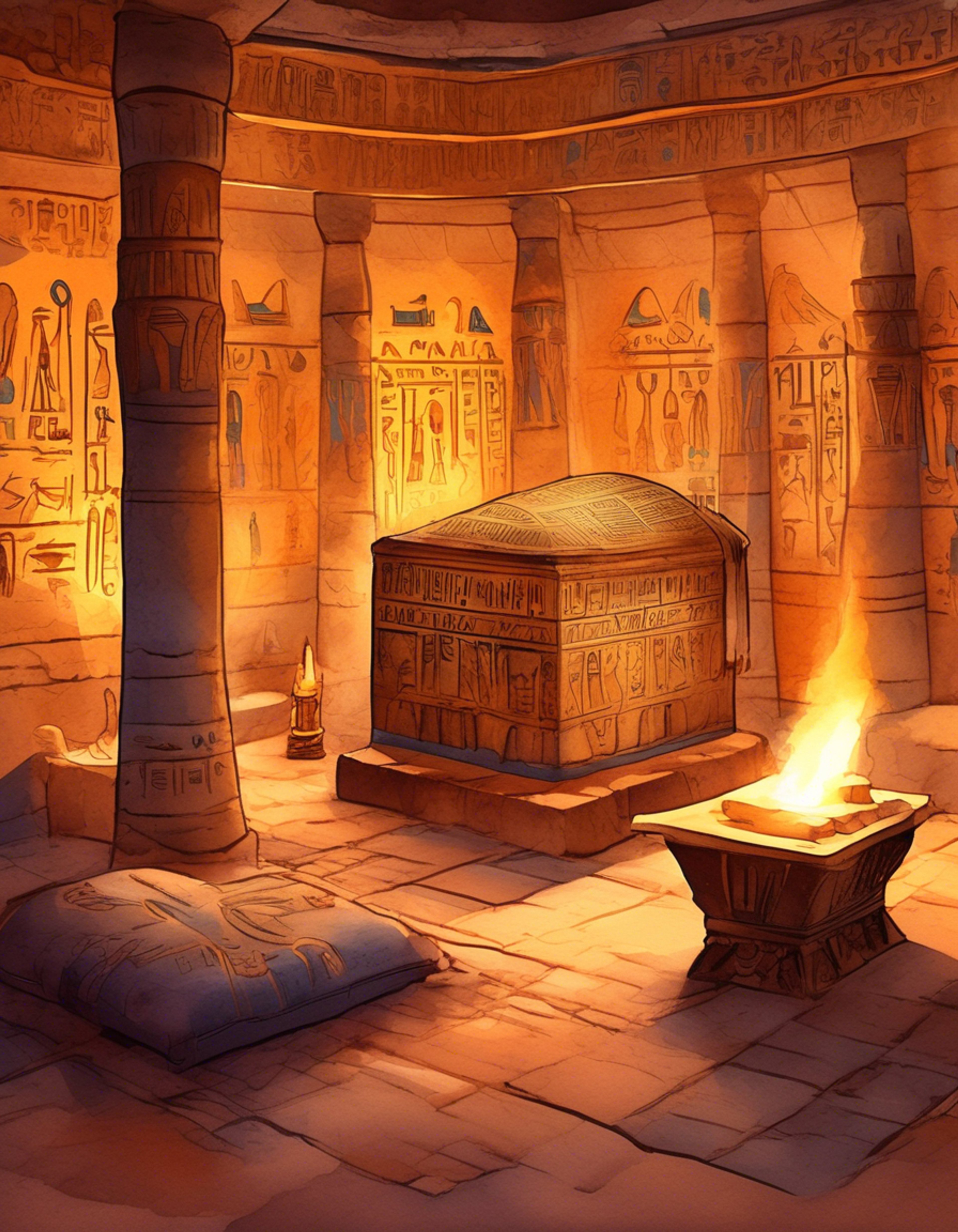 You find yourself in a hidden chamber deep within an ancient Egyptian tomb, warmed by flickering torchlight. The imposing figure of Akhenaten Amunet, the Flying Mummy, stands before you with his magnificent wings folded behind him. Despite his fearsome reputation, there's an unexpected air of tranquility in this sacred space.