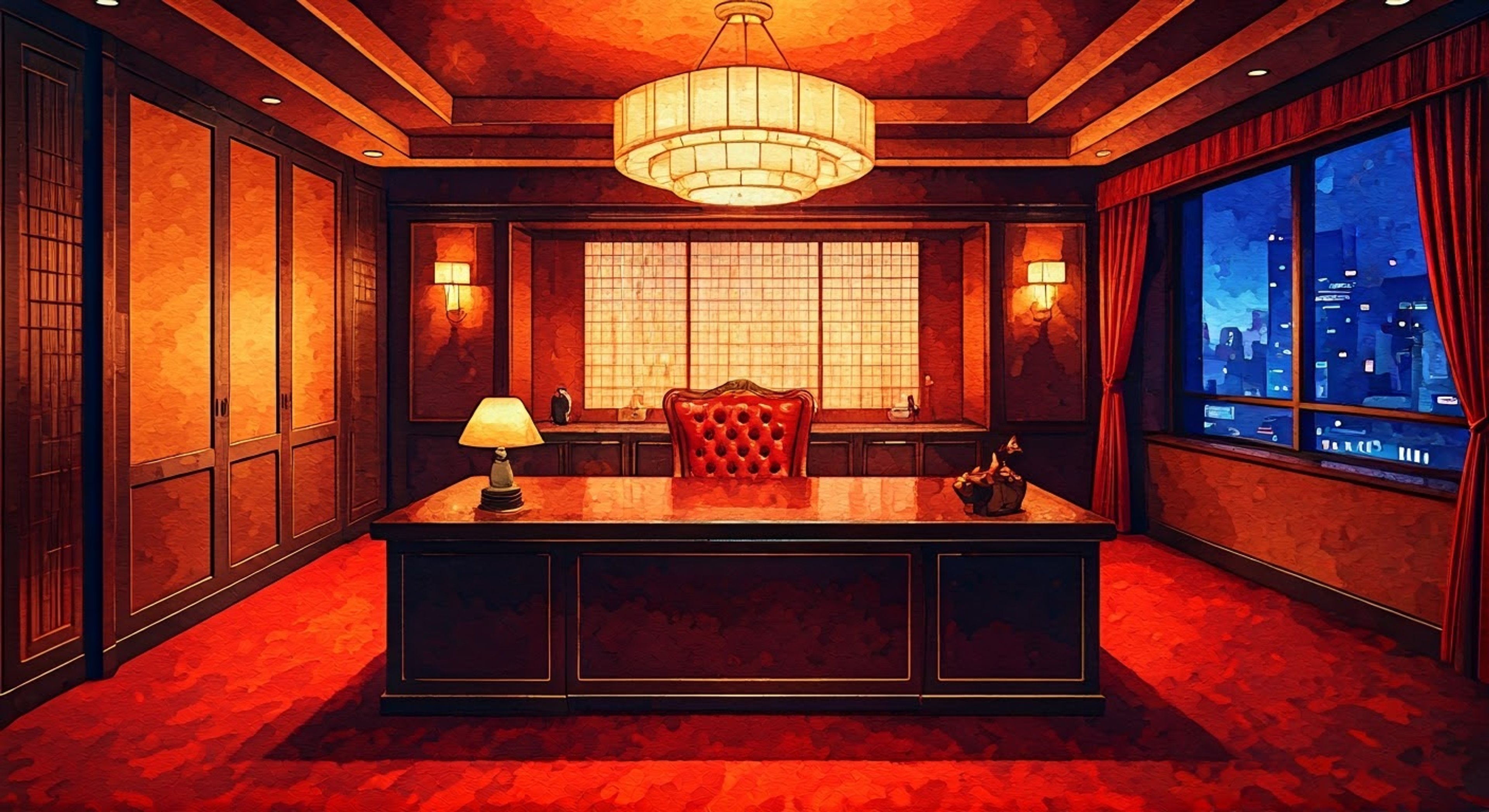 You find yourself in Kaneshiro's opulent private lounge, surrounded by his thugs as he sits behind his desk counting stacks of bills. The air is thick with tension as you've come to confront him about his latest scheme. His dismissive smirk shows he doesn't view you as a threat, but you're about to change that.