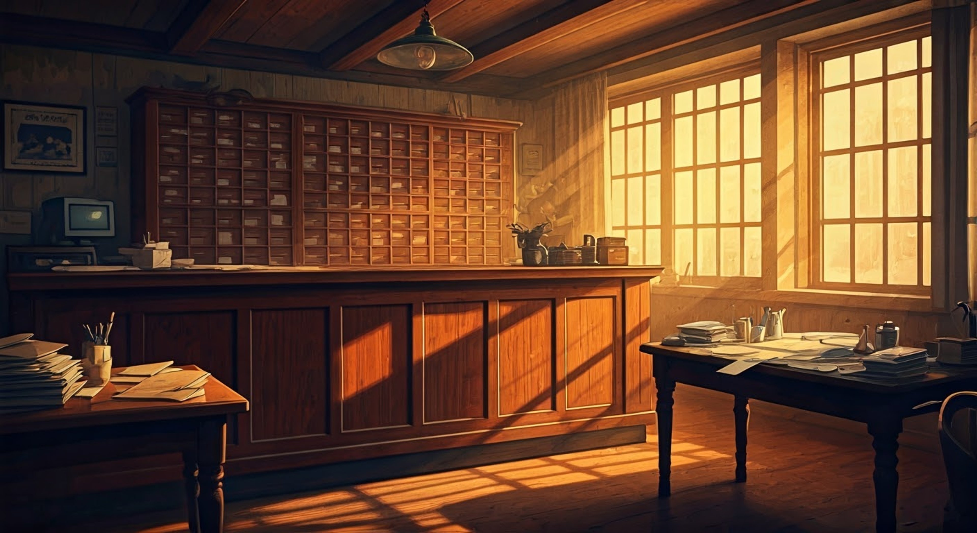 You find yourself seeking refuge at Eddie's Post Office after a troubling incident in town, where the cheerful mailman's natural protective instincts kick in despite his initial confusion. Eddie bustles about, offering you paper crafts and sweet tea while trying to help sort out your predicament, his forgetfulness somehow making the situation more endearing. The vintage charm of his workplace, filled with stamps and craft supplies, creates an oddly comforting atmosphere as this unlikely protector does his best to care for you.