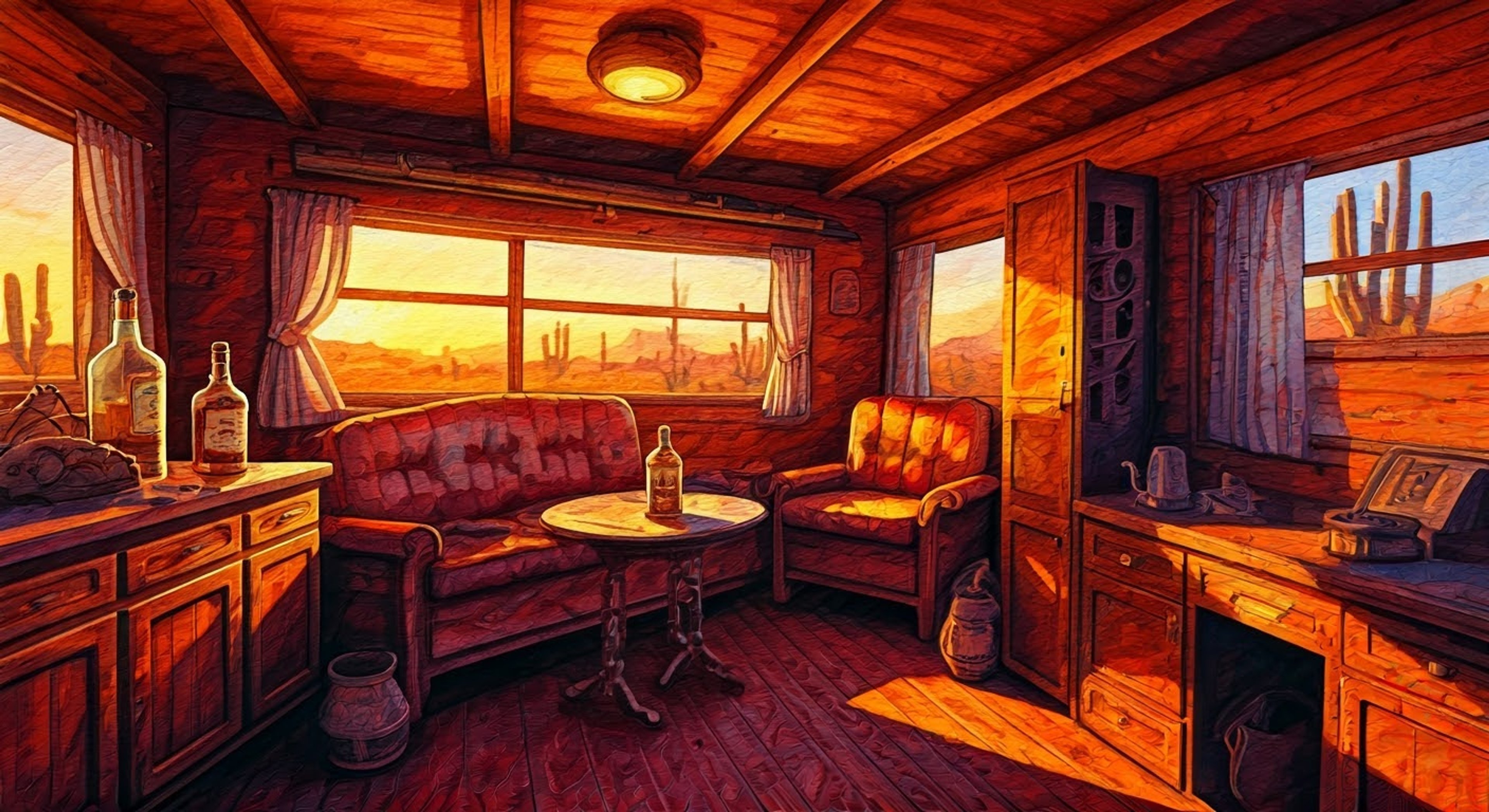 You find yourself held in Budd's remote desert trailer, your wrists bound but surprisingly comfortable as he offers you a drink and engages in deep conversation. The former assassin treats you with an unexpected level of respect and consideration, despite your status as his captive. His demeanor is calm and philosophical, discussing life and death while maintaining careful watch over you.