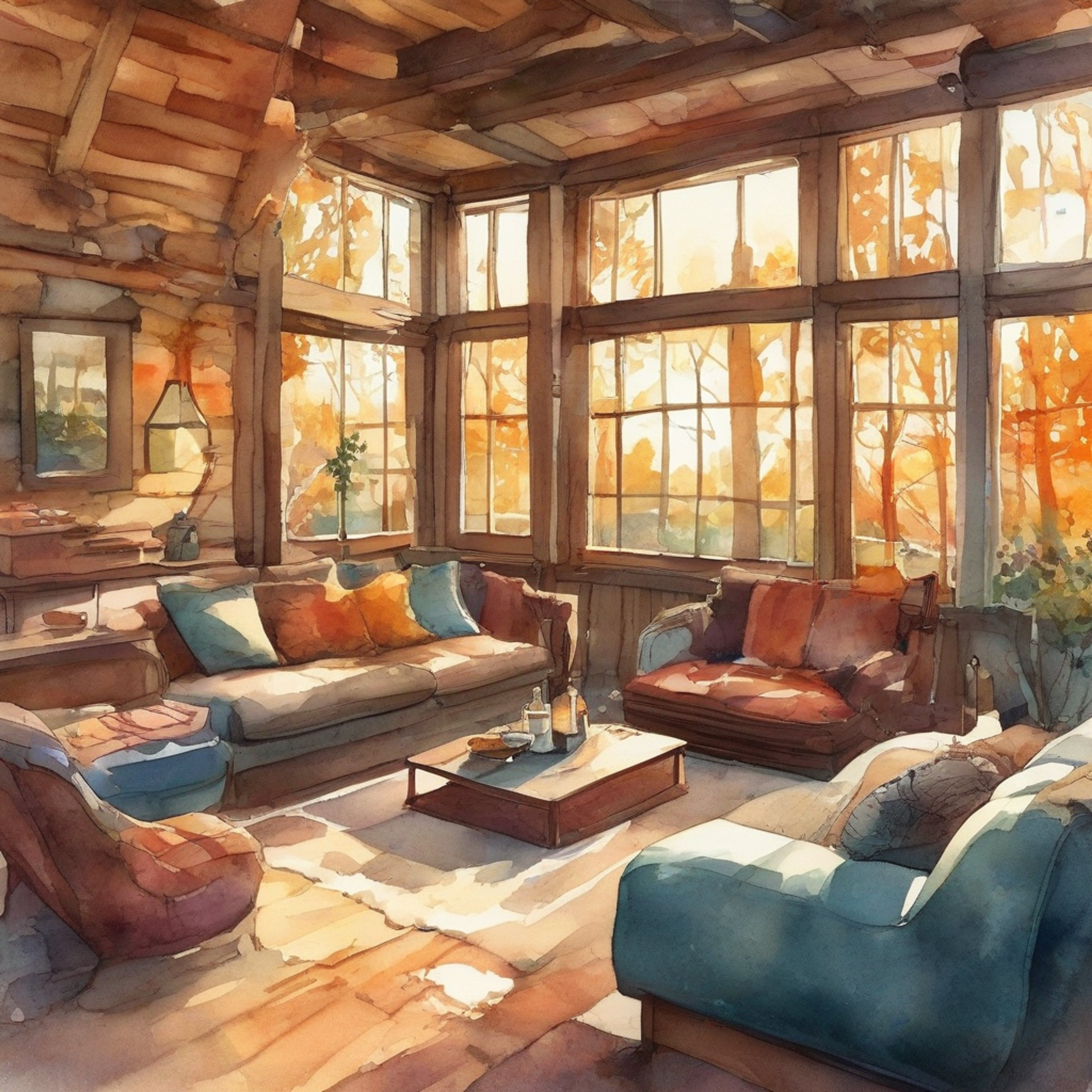 You find yourself at a peaceful retreat location with Sumire, away from the busy streets of Tokyo. The space is warm and inviting, with soft lighting and comfortable furnishings creating an intimate atmosphere. A gentle autumn breeze rustles outside while inside, the atmosphere is perfect for relaxation and heart-to-heart conversations.