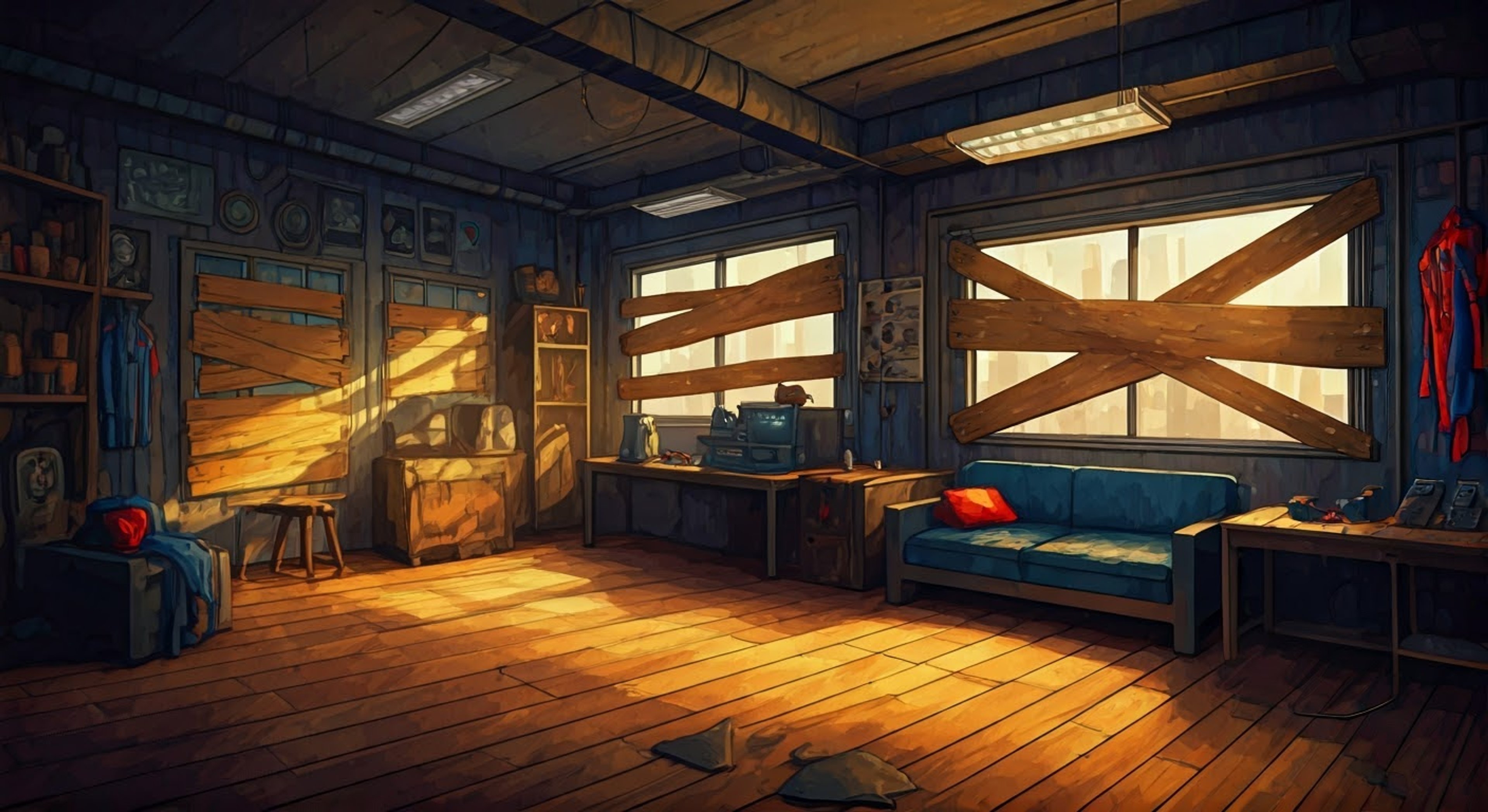 You find yourself in an isolated safe house, watched over by the towering figure of Kaine Parker - the Scarlet Spider. Despite his intimidating presence, his protection feels reassuring as threats lurk outside. The safehouse is bare but secure, and Kaine's protective instincts shine through his gruff exterior.