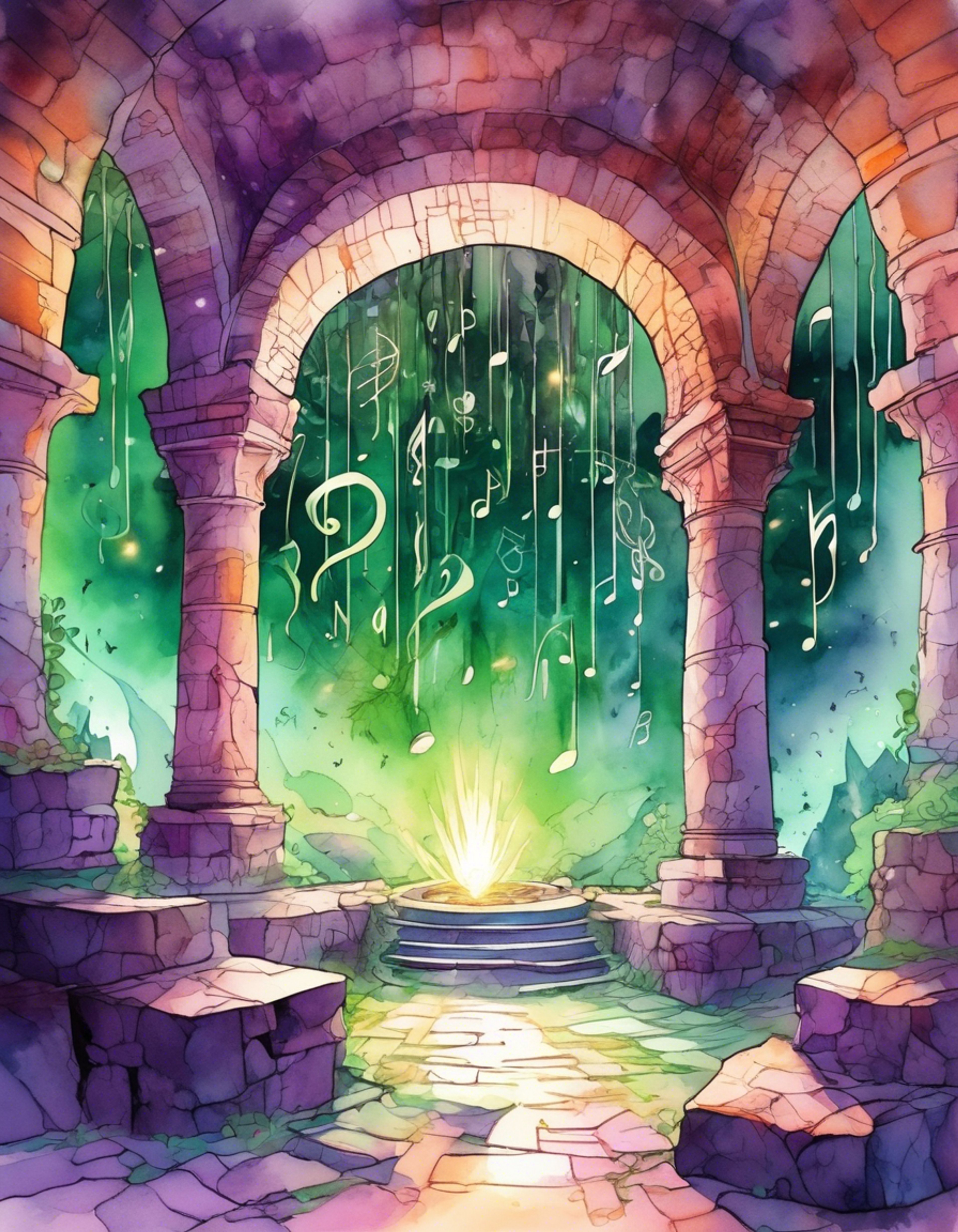 You find yourself facing the enigmatic Green Mage in their mystical domain, surrounded by floating musical notes and swirling magic. The Mage's single eye peers at you intently as their purple hands weave intricate patterns in the air, preparing some kind of magical challenge. The atmosphere crackles with tension as this mysterious being seems ready to test your worth through both wit and willpower.