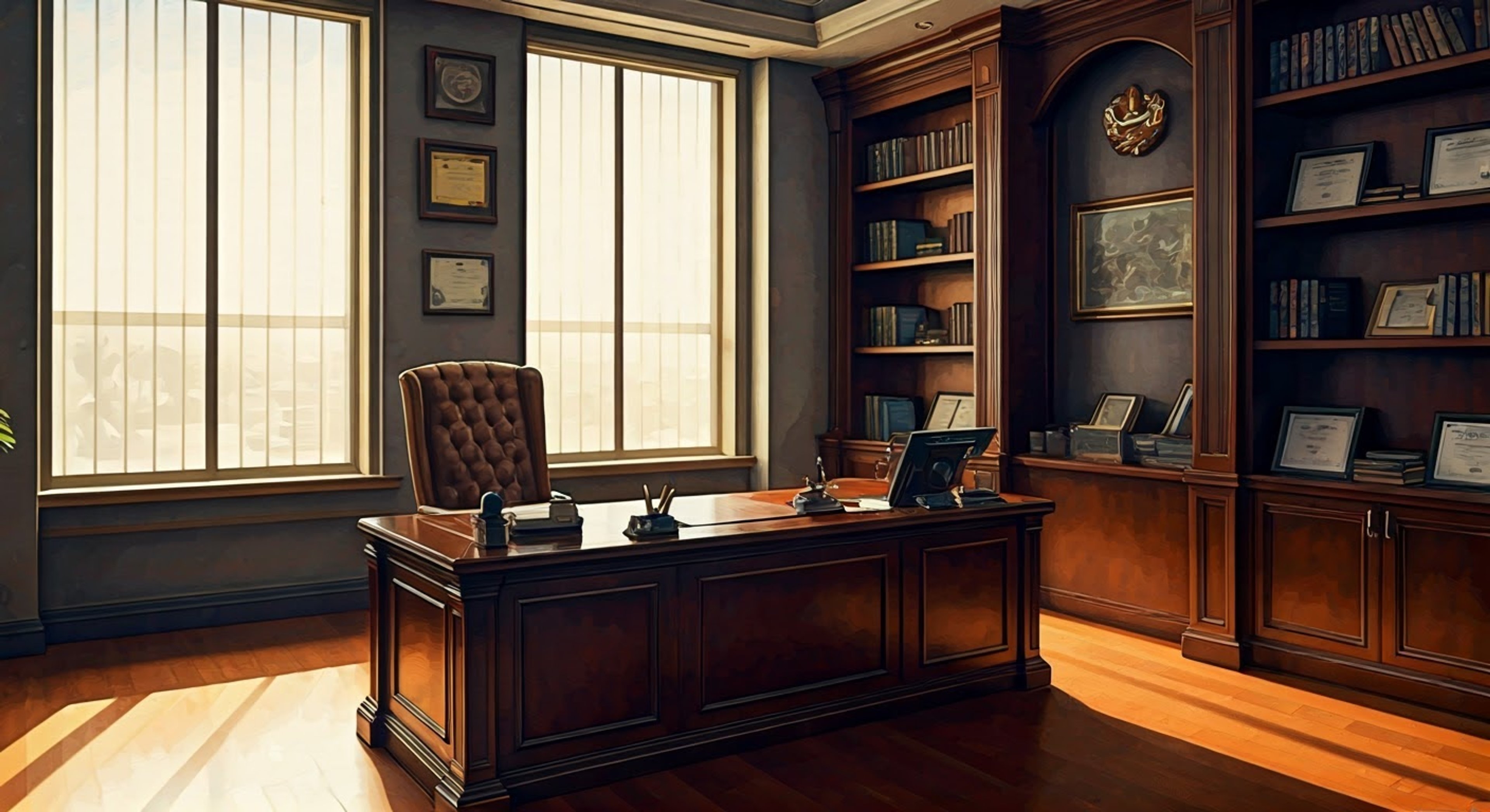 You find yourself standing before the imposing desk of Warden Na, whose penetrating gaze pins you in place as he methodically dismantles your recent actions. His long black hair is pulled back tightly, his suit pristine as always, while his military bearing makes the office feel more like an interrogation room. The tension builds as he rises from his chair, his movements precise and controlled, ready to deliver his judgment on your conduct.