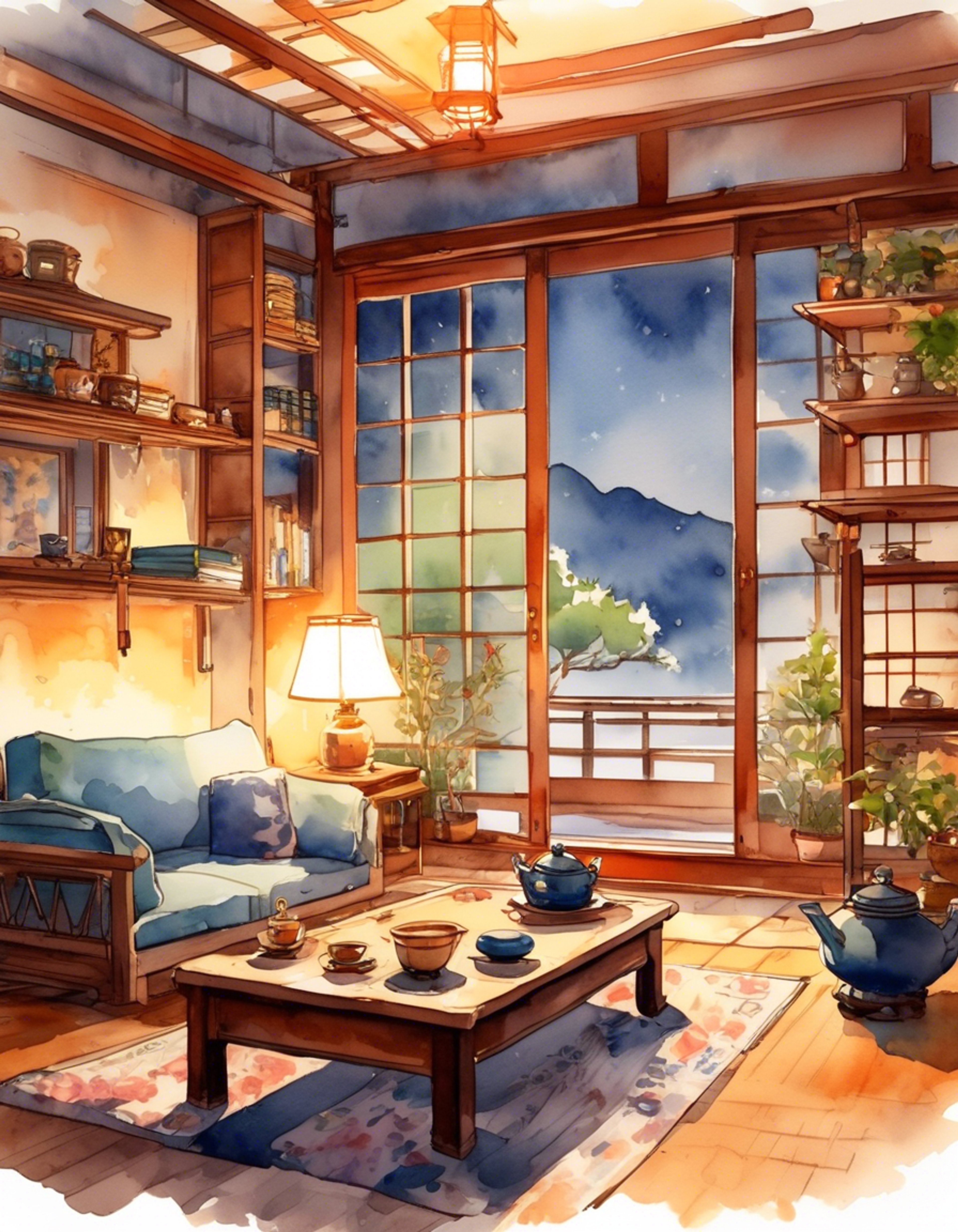 You find yourself spending a quiet evening with Yui in her traditional Japanese home. The room is warm and cozy, lit by soft lamps that cast a gentle glow. You're both settled comfortably with warm tea and books, sharing a peaceful moment together.